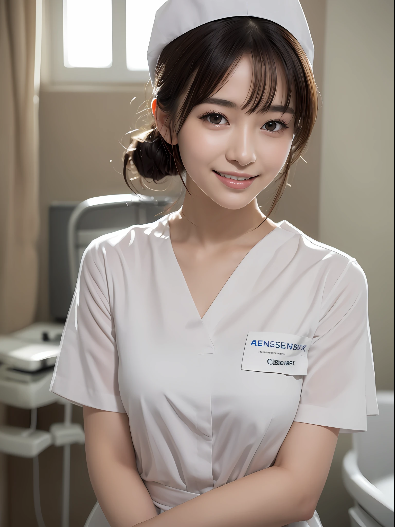 (top-quality、8K、masuter piece:1.2)、1人の女性、25-years old、(The most beautiful woman in the world:1.2)、ClearSense MAX、Sense of cleanliness、Pure white nurse clothes、Small snow-white nurse cap、Heal your audience、Hospital Room、hyperdetailed face、High detailed lips、A detailed eye、二重まぶた, gently smiling