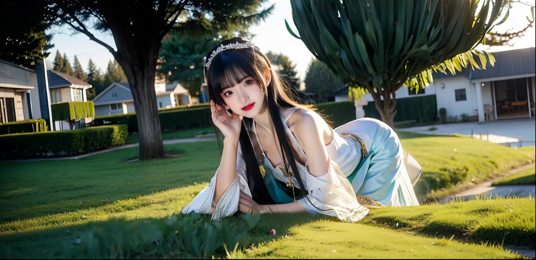 Kizi，exteriors，silber hair，Green grasslands，cinematric light，chase，natta，Flashlight