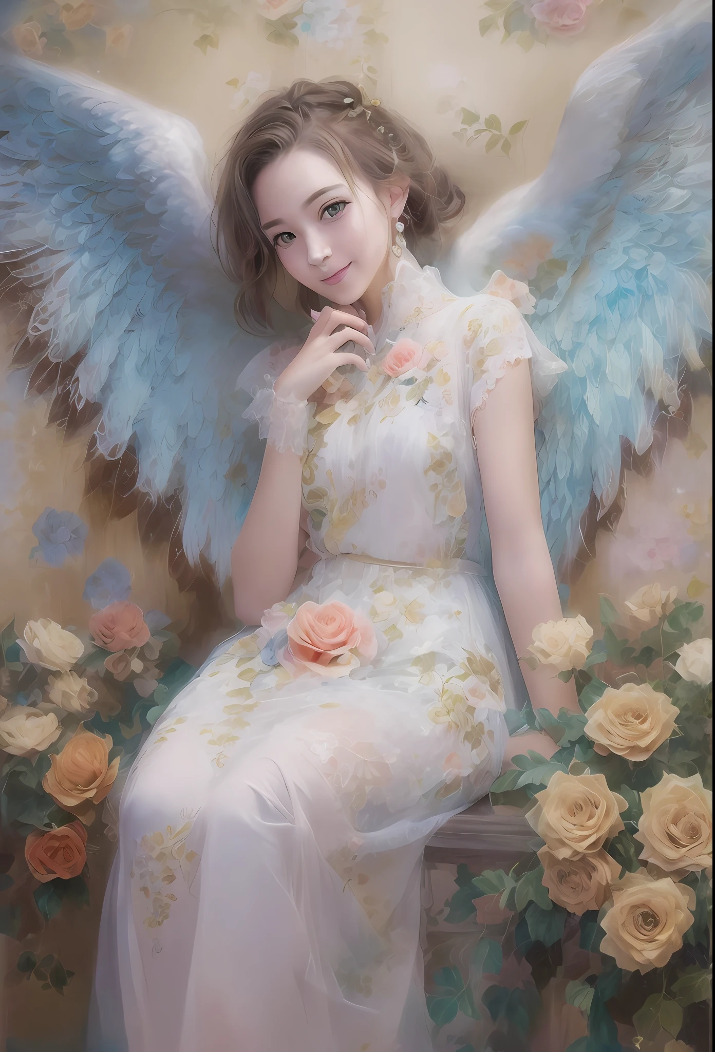 (Angel wings、😇、a smile、😌🥰Archaic Smile).hyper realstic、Ultra-realistic、Depiction of the human body without distortion、Monna Lisa、Woman in the Arms、Near and far law、Three-dimensional、Contemporary painting、moderno、world masterpiece、collection、Homage to the art or artist work of Picasso and Renoir, Not sentimental、Excellent portrayal、Gentle expression、More detailed character faces, Serious competition、Compositions like paintings、(Konmutsuki_Gacha_Series 1, punk_rosette), Realistic、Delicate brushwork、aqua color flowers, (Full body, elegant flowers background)