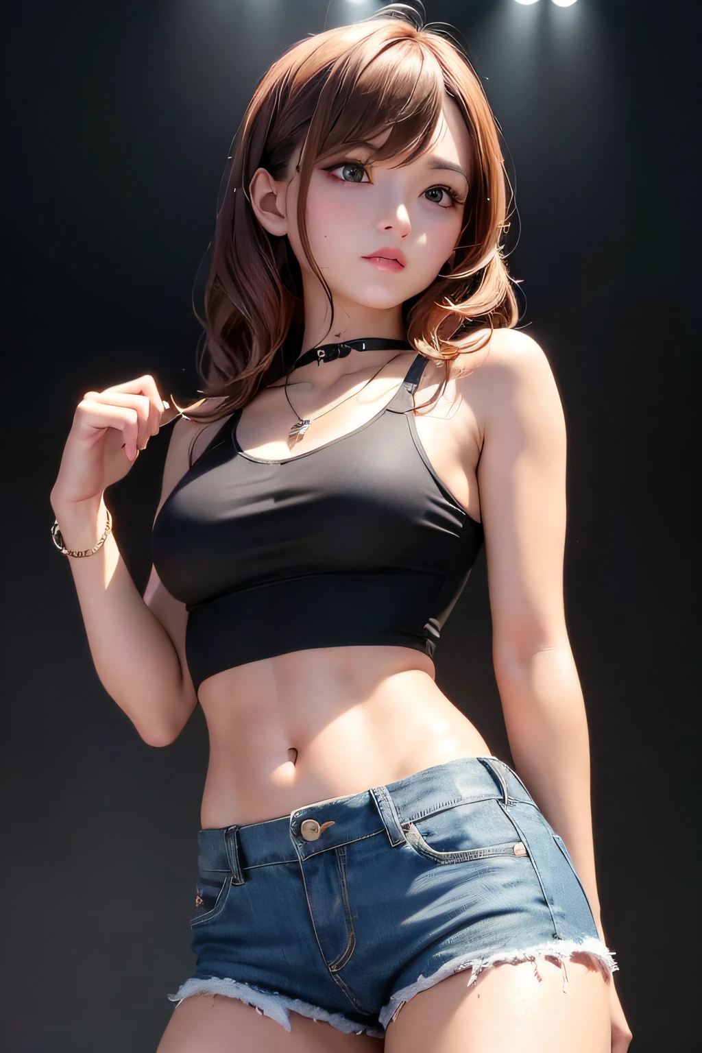 ((middlebreast、tomgirl、the head is small))、sunlights、sunlights、(Chiseled abs : 1.1)、(the perfect body : 1.1)、(short wavy hair : 1.2)、reddish brown hair、collars、chains、FULL BODYSHOT、white tank tops、Jeans wearing jacket、((shortpants))、(Highly detailed CG 8k wallpaper)、(extremely delicate and beautiful)、(​masterpiece)、(top-quality:1.0)、(超A high resolution:1.0)、beautiful  lighting、perfect lightning bolt、realistic shadow、[hight resolution]、Detailed skin、ultra-detailliert