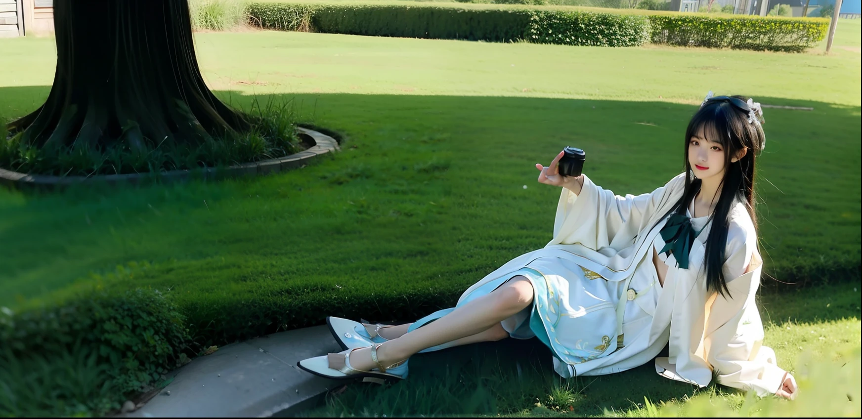 Kizi，exteriors，silber hair，Green grasslands，cinematric light，chase，natta，Flashlight