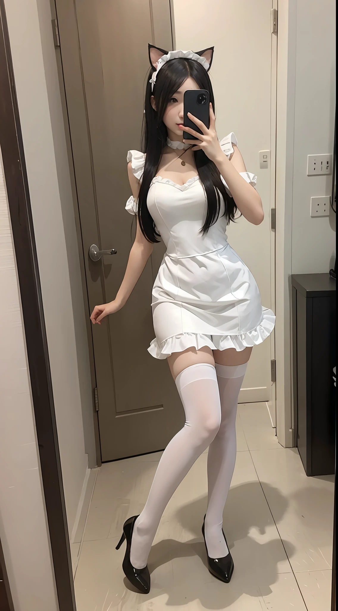 There was a woman in a costume taking a picture of herself in the mirror, Anime girl cosplay, anime barbie in white stockings, Anime cosplay, ahri from league of legend, elegant glamourous cosplay, cosplay of a catboy! maid! dress, High quality clothing, cosplay, ahri, full body with costume, Sakura Kinomoto, Ayaka cosplay, cosplay foto