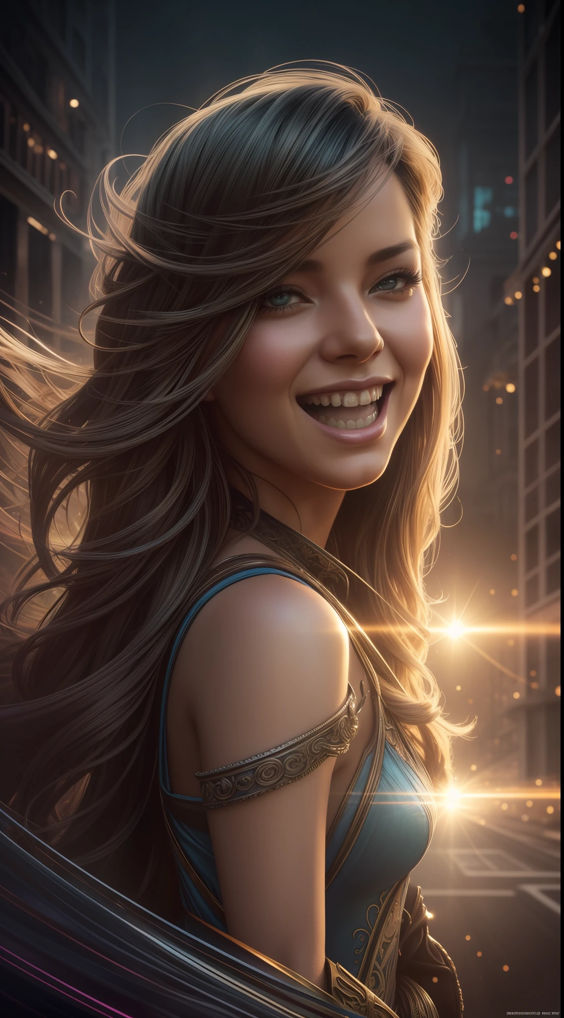 Imagine a happy woman, laughing,
artgerm style, Extravagant imagination, Exaggeration, Warm light, Neon atmosphere, Abstract Fuel oil,
Detailed acrylic, grunge, intricate complexity, Rendering on an unreal engine, Photorealistic
artist Ralph Horsley,
Cool graffiti caricature, shorty, Haze filter, Fisheye, vanishing point, vignetting, caustics, Masterpiece, Dynamic spectral illumination, high detail, amazing quality, Rich, Contrasting light, textured face, Ultra Fine Detail, Cinematic, 64 thousand. , UHD, Realistic, Vivid colors, high detail, pen and ink, Perfect composition, Beautifully detailed, Intricate, Insanely detailed octane rendering, Popular on ArtStation, 64 thousand. fine art photography, photorealistic concept art, soft natural volumetric cinematic perfect light, ombre,
Digital Art,
Jean-Baptiste Monge style, Beautiful, splash
heal, cute and adorable, filigree, edge lighting, Lights, extremely, Magic, surreal, Fantasy, Digital Art, WLOP, artgerm and james jean, sharpness, gloss, Realistic, bright colours, high detail,