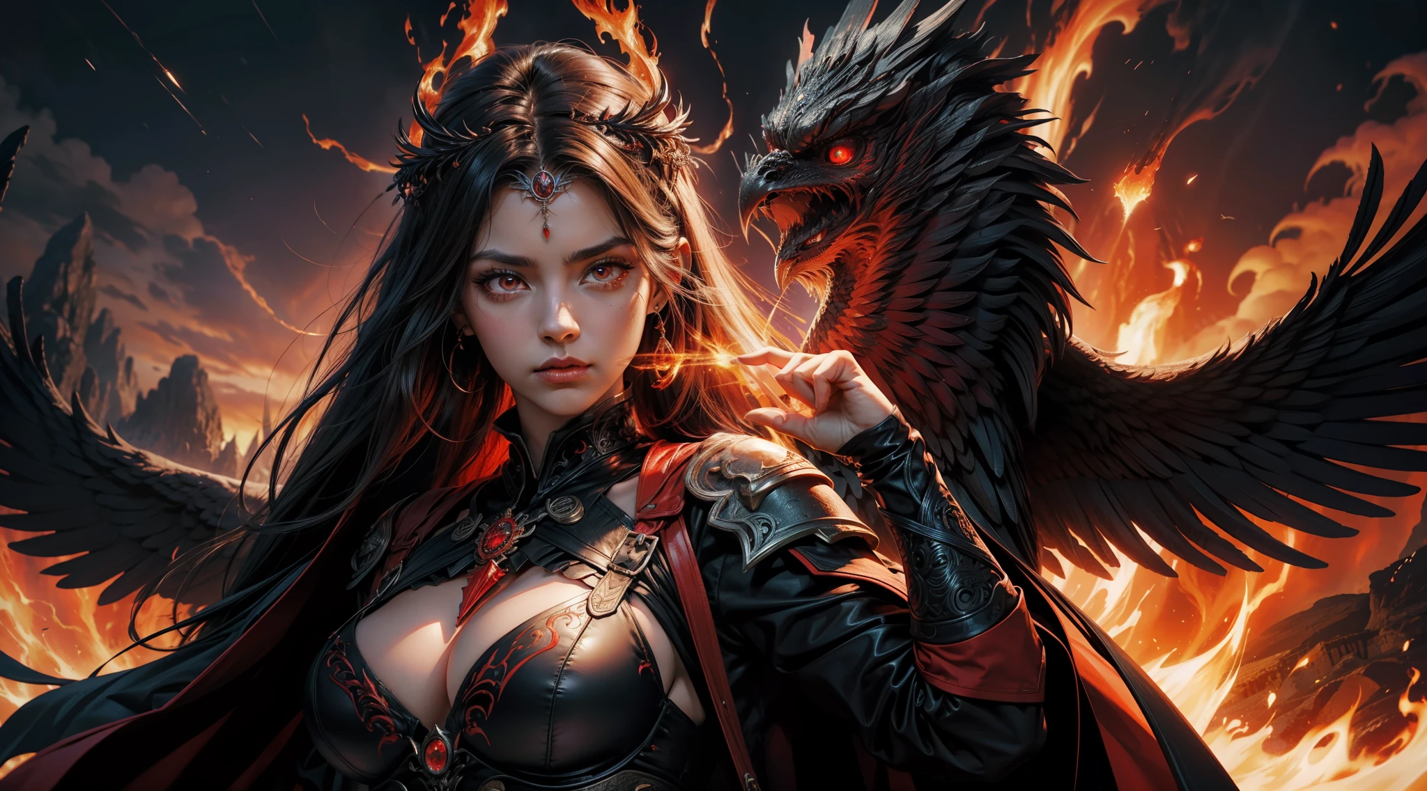 （Award-winning digital artwork：1.3） af （sketching：1.3），（with dynamism：1.3），（Saturation：1.3），（Close portrait：1.3），（femele：1.4），（big breasts beautiful： 1.4),(carismatic:1.3),angelicales，Red eyes，Bright magic，volcanoes，Large breasts，complex patterns，Film filter, ，dramatics，dynamicposes，illusory engine， (High detail: 1.9)，mystic symbols，black toga，massive wings，Black wings，red color eyes，Arrogant look，molten lava，Burning longsword，Big eyes in the background