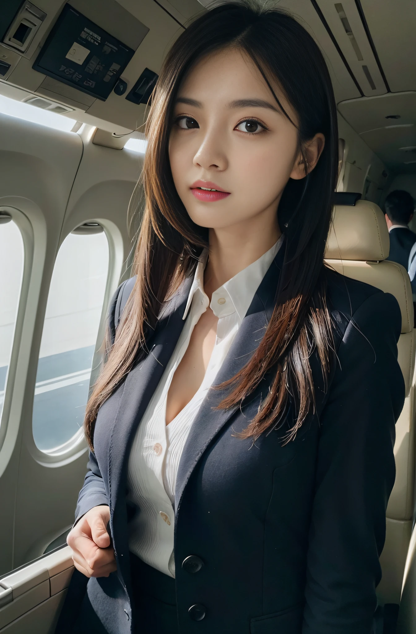 best qualtiy， tmasterpiece， 8K， 超高分辨率， （Photorealsitic：1.4）， highly  detailed， intricately details， delicateandbeautiful， good lighting， profesional lighting， tack sharp focus， detailed shadow， Exquisitedetailsandtextures， depth of fields， Unity 8k壁纸， cinematic compositions， cinmatic lighting， offcial art， Crew， Flight attendants， black pantyhoses， （Planes， （Aircraft Corridor）， Aircraft seats） Beautiful and elegant face， 详细的脸， A detailed eye，photo-realistic hair，long whitr hair，（1个Giant Breast Girl），（standing on your feet：1.3），Full body photo