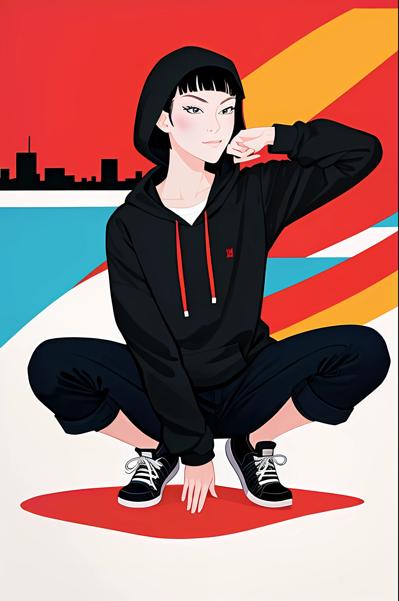 1girl in, Vector art, flat-colors, pop-art, Pattern, city scenery, Hoodie, Shorts, sneakers, bob cuts, Full body, Pose, Squatting, lofi color, (Hiperov), (masutepiece,Best Quality:1.5)