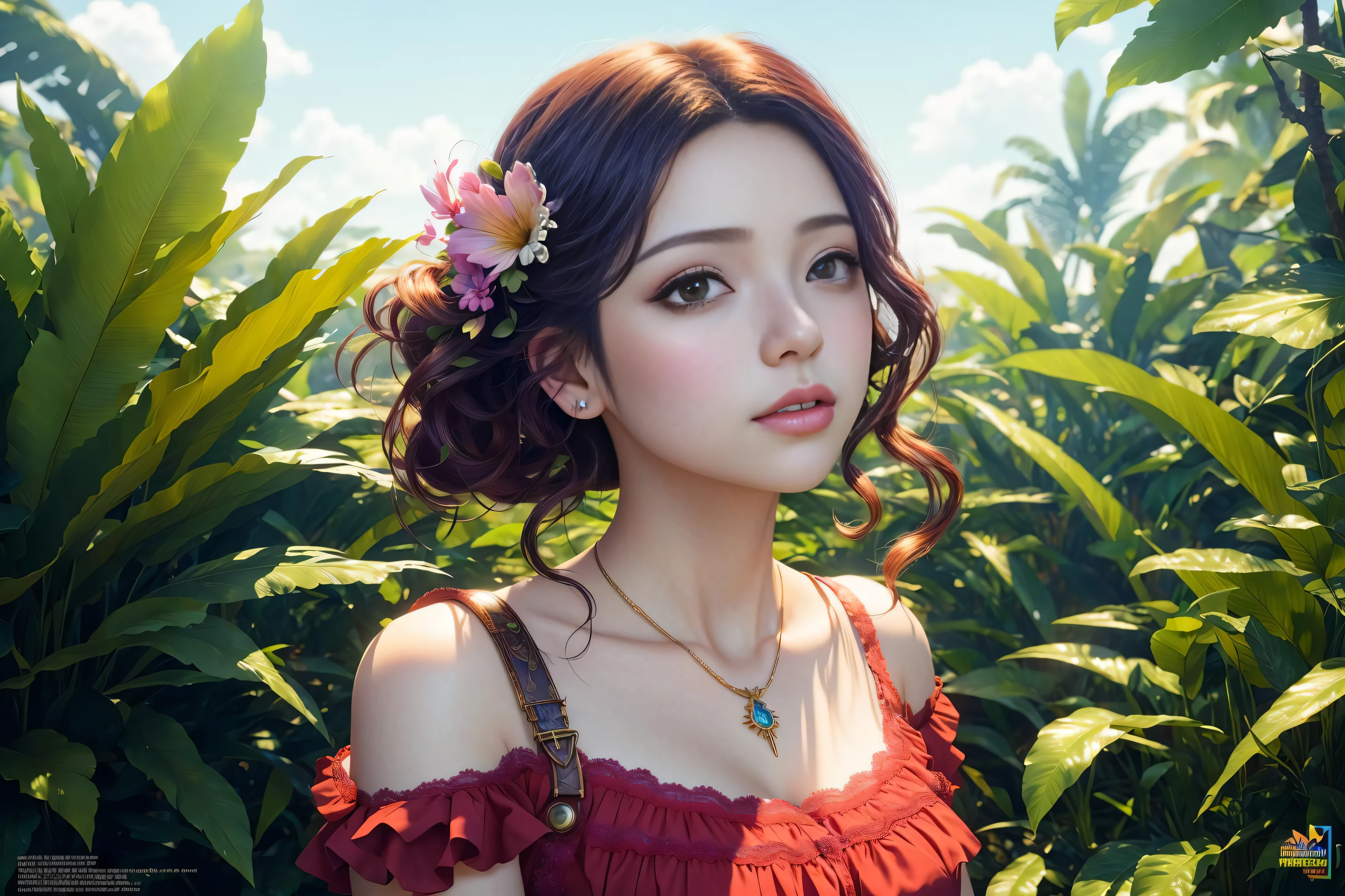 ChromaV5, nvinkpunk,(extremely detailed CG unity 8k wallpaper), An Landscape of a majestic jungle surrounded by lush pink foliage, award winning photography, Chromatic Aberration, Detailed , HDR, Bloom,majestic oil painting by , Thomas Cole, Frederic Church, and Albert Bierstadt ,trending on artstation, trending on CGsociety, Intricate, High Detail, dramatic, art by midjourney, ulzzang-6500-v1.1,(raw photo:1.2), (photorealistic:1.4), beautiful detailed girl, extremely detailed eyes and face, beautiful detailed eyes,absurdres, incredibly absurdres, huge filesize , ultra-detailed, highres, extremely detailed,best quality ,masterpiece, illustration, an extremely delicate and beautiful, extremely detailed ,CG ,unity ,8k wallpaper, Amazing, finely detail, masterpiece,best quality,official art,extremely detailed CG unity 8k wallpaper, light on face, cinematic lighting
