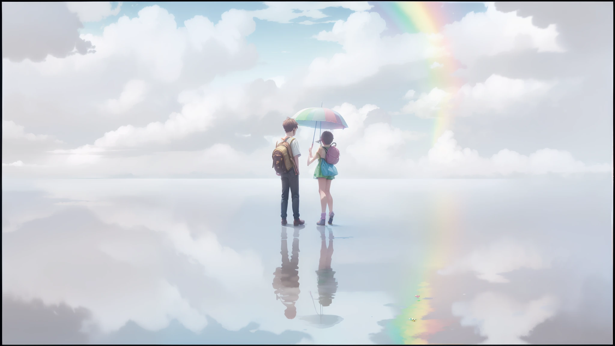 Boy and girl, rainbow, cloud, refleksi