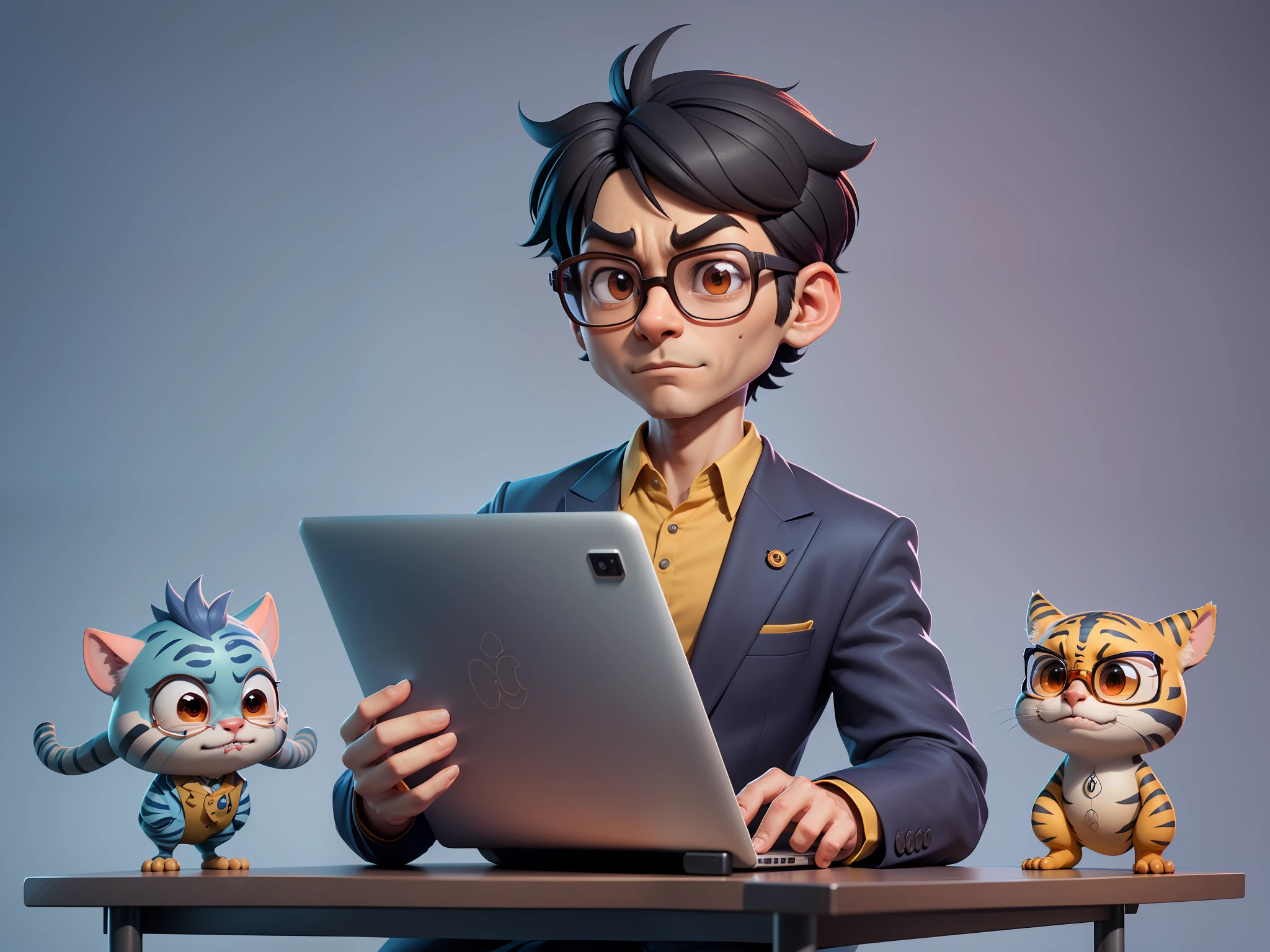 A young man in a suit and pants, Short hair and glasses sat at his desk，holding laptop，digitial painting，tigre，3D character design by Mark Clairen and Pixar and Hayao Miyazaki and Akira Toriyama，4K HD illustration，Very detailed facial features and cartoon-style visuals。