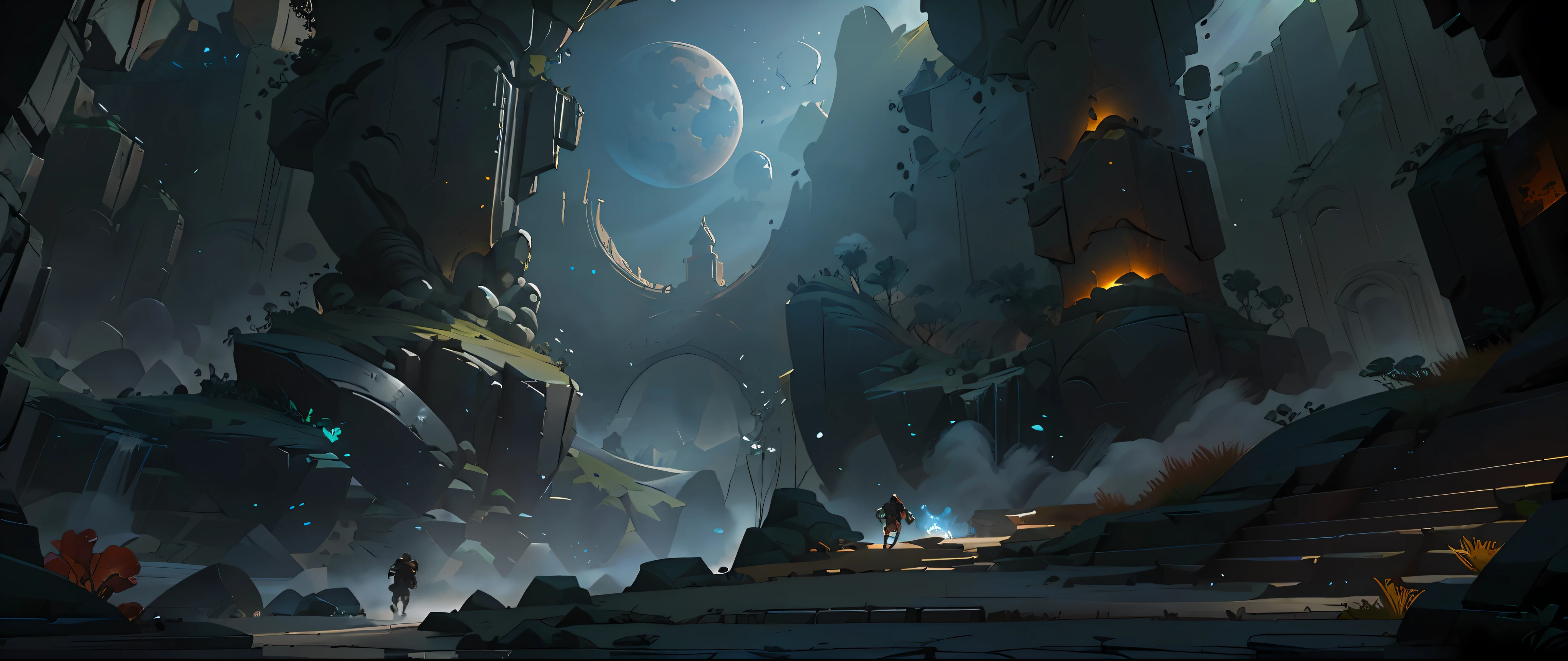 There was a man standing in a cave,There is a statue, concept art stunning atmosphere, award winning concept art, concept art scene, mystical sci-fi concept art, dark cinematic concept art, world of warcraft concept art, epic cinematic concept art, luminescent concept art, dota matte painting concept art, stunning concept art, eerie nostalgic concept art,the night,darkly,speleothems,Ancient ruins,Chinese style,Deep canyon,blue colors// ,perspective,wide shot, ((, Point View Shot, POV, Aerial Shot, Helicopter Shot)), CGI, Realism, RTX, Tone Mapping, SSAO, Shaders, Moonlight, Volumetric Lighting, Volumetric Light, Volumetric, Sunlight, Natural Lighting, landscape, outdoors,Professional,ultra-fine painting, ((high qulity:1.2, tmasterpiece:1.2)), absurdres, high resolution, (8k resolution), 8k, 8kres, 8k res, high details, detailed and intricate, intercreate details, high electric details, absurd amount of details, super resolution, Ultra HD Ultra HD, megapixel, , ((, Angle shooting, POV, aerial shot, Helicopter shooting)), CGI, hentail realism, RTX, Tone-mapping, SSAO, Shaders, rays of moonlight, volumettic light, volumettic light, volumettic light, rays of sunshine, natural soft light,scenecy, inside in room,Enclosed space ((high qulity:1.2, tmasterpiece:1.2)), hoang lap, A high resolution, (8K分辨率), 8k, 8kres, 8k res, high details, detailed and intricate, intercreate details, high interpreted details, Absured amount details,ray tracing,Hyper-Resolution,hyper HD,megapixel,HDR