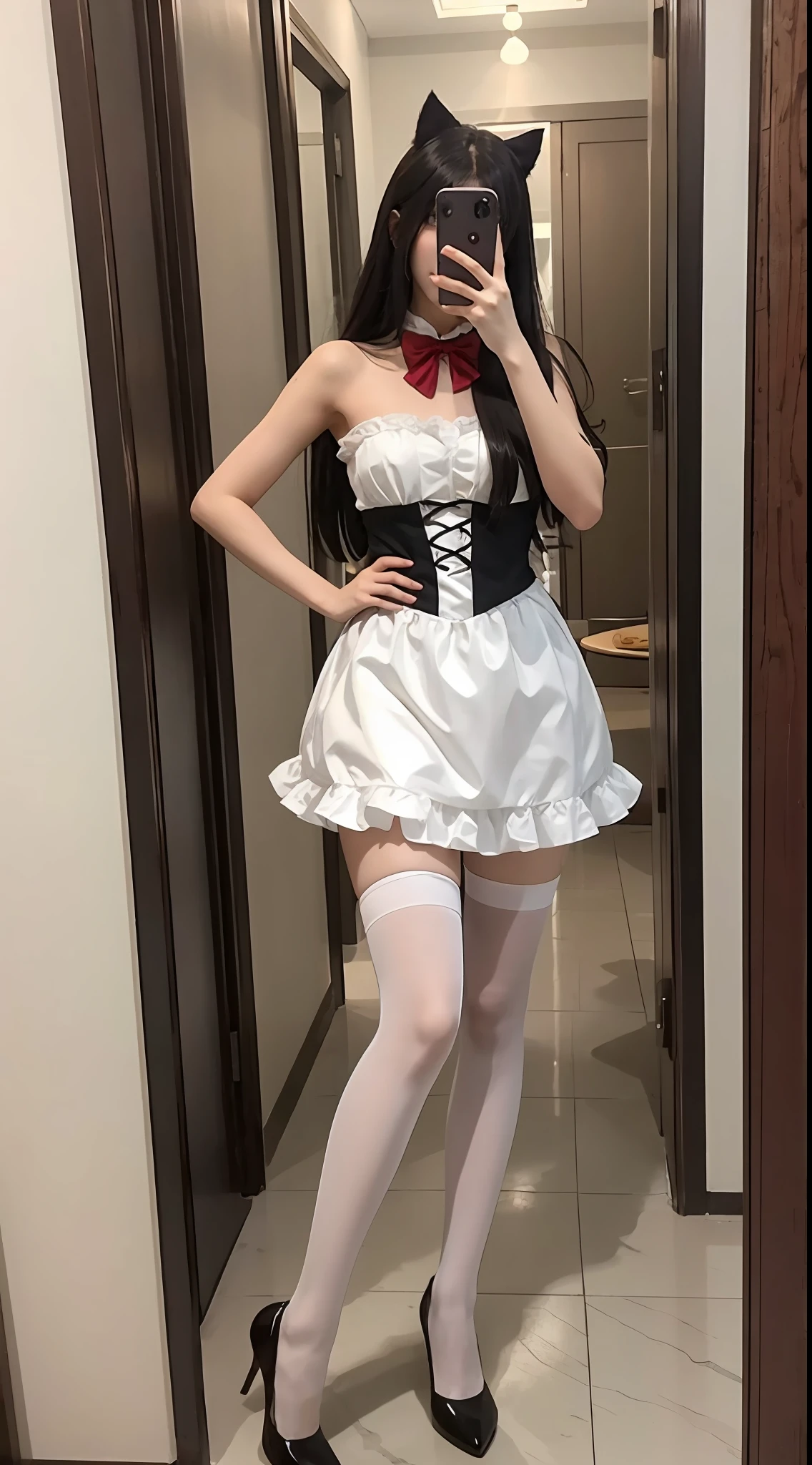 There was a woman in a costume taking a picture of herself in the mirror, Anime girl cosplay, anime barbie in white stockings, Anime cosplay, ahri from league of legend, elegant glamourous cosplay, cosplay of a catboy! maid! dress, High quality clothing, cosplay, ahri, full body with costume, Sakura Kinomoto, Ayaka cosplay, cosplay foto