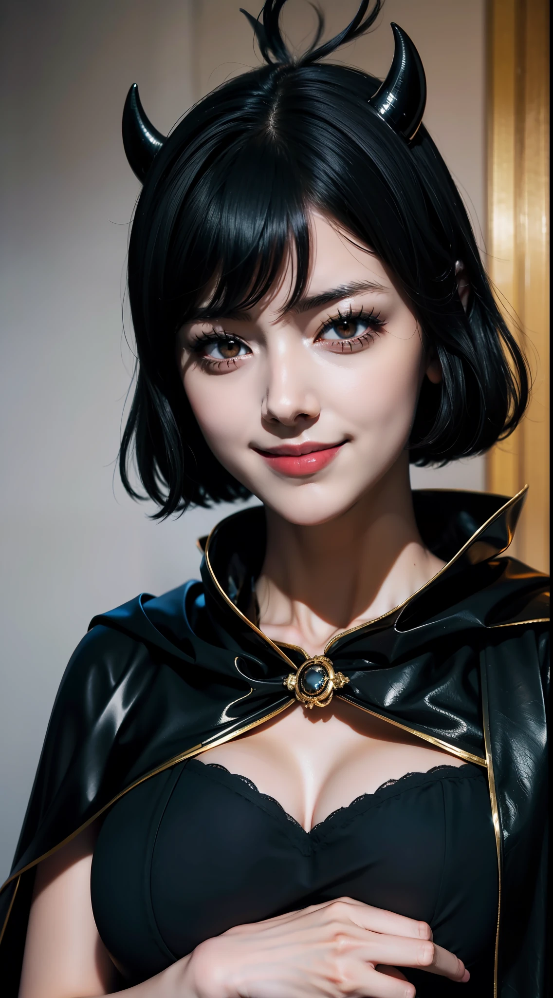 nero from anime black clover, black hair, short hair, has black horns, beautiful woman, beautiful, one woman, looking at viewer, smiling expression, perfect body, medium bust, ful body, wears black cape on shoulders, red eyes