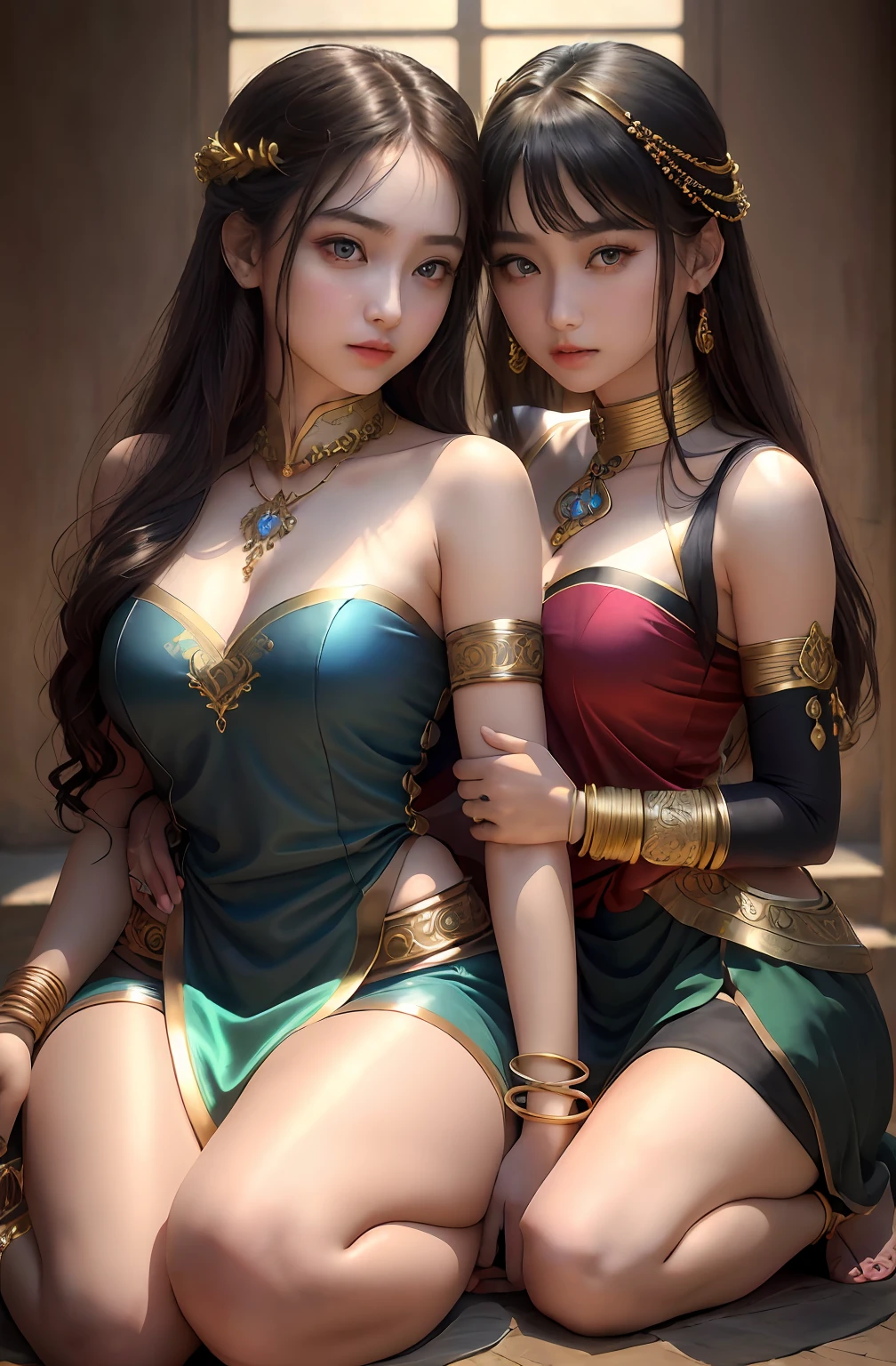 2girls,duo,8K Raw photograph,超高分辨率, filmgrain, filmg,view the viewer, Natural skin texture,Realistic eye and face details,((Realistic:1.5)),Ulzzang-6500:1.4,((Best quality)), ((Masterpiece)),((Detailed)),{2 beautiful women}, (Upper body:1.3),Hug and touch each other, Tease your friend's waist, Breathless friends, Biting a friend's earlobe, crouched,super wide shot,Face focus, Long legs,Curvy, Barefoot,Wide hips, Thin legs, Oversized eyes,Long eyelashes, (Detailed face,beautidful eyes, detailedpupils,detailed clothes features, Clear background:1.3), (armlets, bangle:1.3),bright detail,Sharp,Perfect compounding, Intricate, Sharp focus, Dramatic,