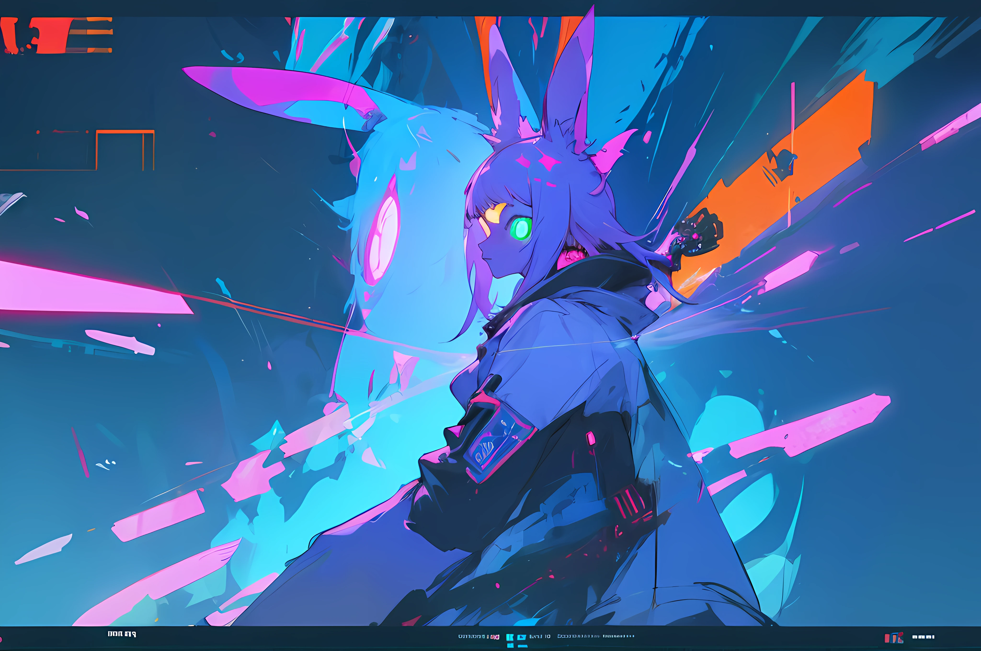 (vintage vhs), (crt screenshot), (Zen, Amy Sol style),  (((blue anthro kemono furry rabbit))), underground cavern shining flashlight in old ruins, scene from a show about a blue anthro furry kemono rabbit who investigates deep space crime, (vast decrepit scenery:1.2) blame! style, nightmarish illustration, glowing eyes everywhere, intense eye contact, hybrid human / anthro, electrixbunny, rabbit anthro portrait, ((portrait)), bunnypunk, weirdcore voidpunk fursona, wearing bunny ears, cover art with light abstraction, abstract, simple vector art, contemporary Cybernetic art, color gradients, soft color palettes, layered forms, whimsical animation, style Ethereal abstract, 4K, , anime character with futuristic hair and glowing eyes in a dark room, digital cyberpunk anime art, anime style 4 k, digital cyberpunk - anime art, anime mecha aesthetic, digital cyberpunk anime!!, anime cyberpunk art, fully robotic!! catgirl, hyper concept art, cyberpunk anime girl mech, portrait anime space cadet girl, wearing cybernetic bunny ears --v6