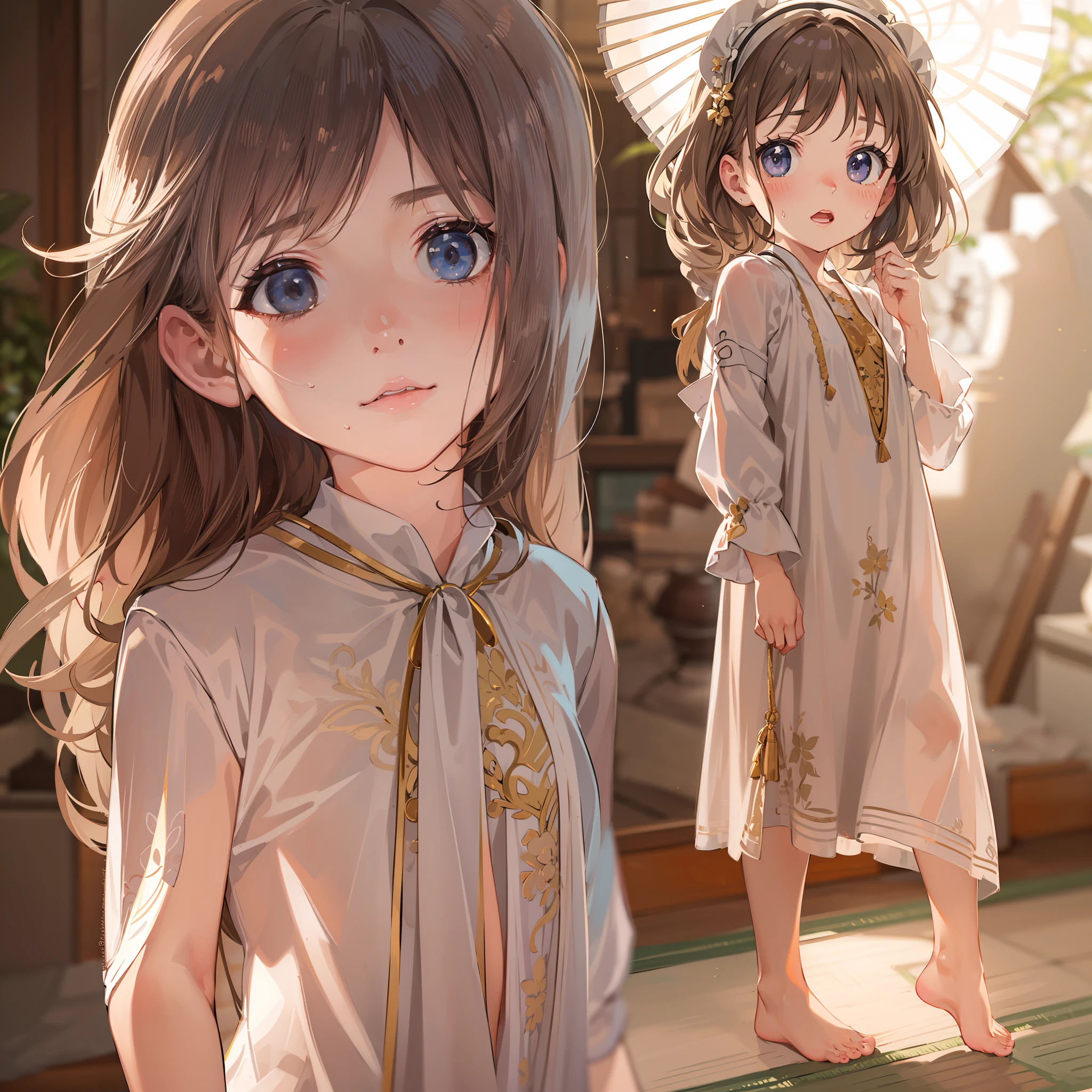 very cute female child:1.1,10 yo,Sheer Babydoll Figure:1.1, Barefoot,Sweat:1.1, Summer,day, Long hair,flat chest, Tatami mats,electric fan,Wind,Drooping sweat:1.1,(4K), (Raw photo: 1.2), (Realism: 1.4), (masutepiece: 1.3), (exquisite detailing: 1.2), Delicate and beautiful details, (Eye Detail), (Facial Detailed), (Highest Quality) :1.4), (Hyper-Resolution: 1.2),(very detailed illustration), Best Quality,depth of fields, Wide light, natural shadows