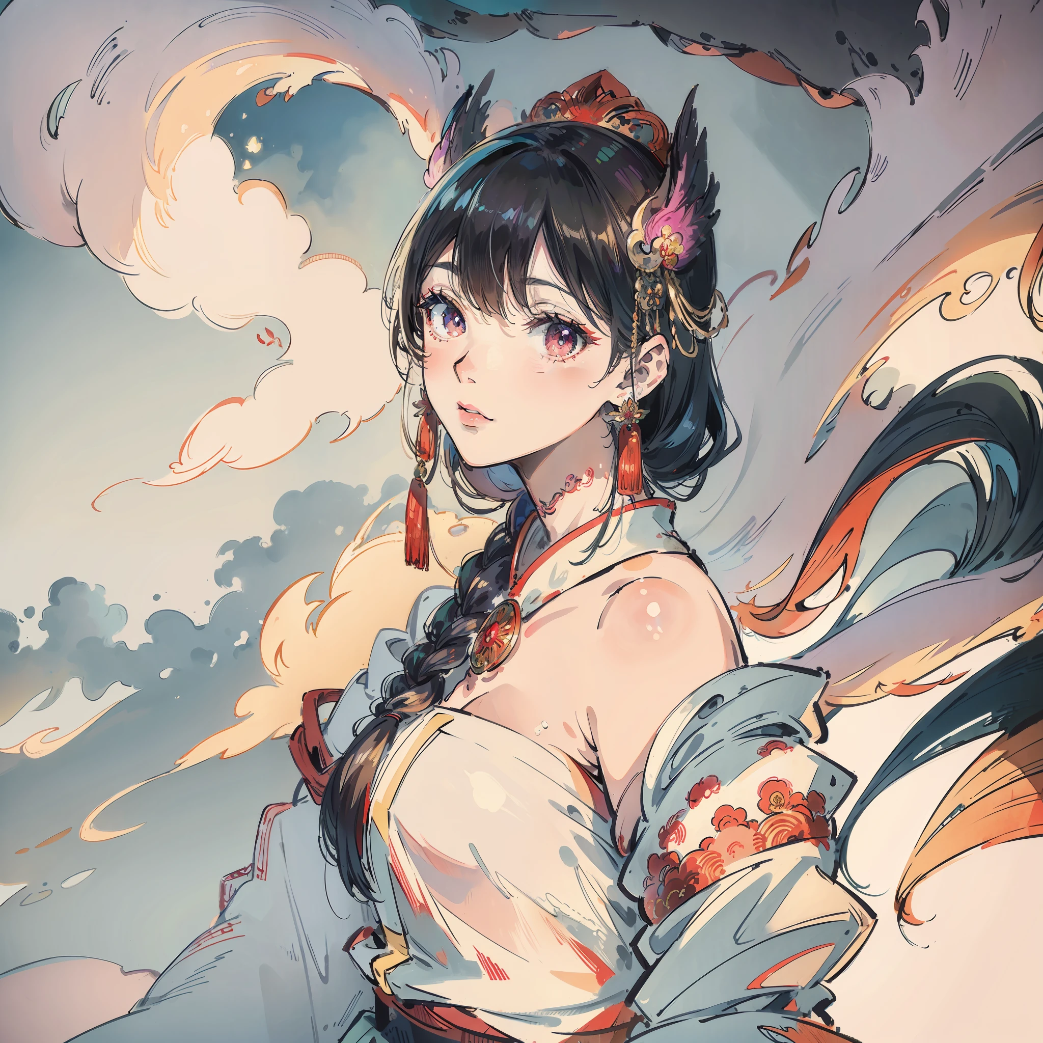 Portrait of an ethereal Chinese maiden with fairy-like beauty, wearing embroidered silk robes, seated amidst clouds and mist, gazing pensively with vivid black eyes, fair skin glowing, elaborate phoenix crown with bejeweled hairpins, feathered silk sleeves and sashes fluttering, holding a celestial qin, surrounded by celestial flowers and a colorful phoenix, embellished background of traditional Chinese paintings, highly detailed digital art