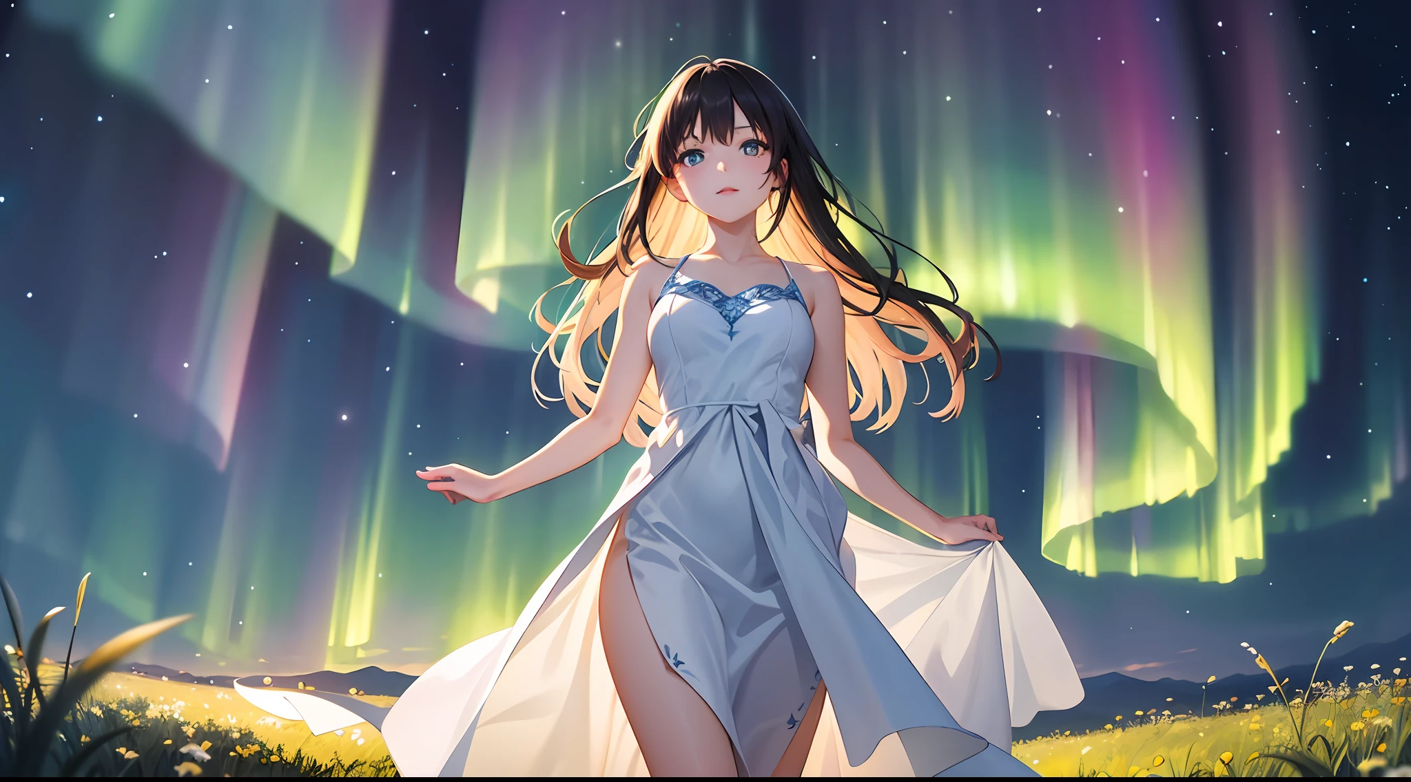 (Masterpiece, top quality, super detailed CG, ultra detailed beautiful face and eyes, super detailed, intricate details:1.2), 8k wallpapers, elaborate features,
(1 person, solo:1.4)perfect cartoon illustration,(1 person, solo:1.4)
(realistic textures:0.8), high res, cute, (vivid colors, dynamic lighting:1.0), (high contrast:0.8),
Perfect animated illustration, one young woman standing in a vast meadow, pretty face, long glossy hair, white skin, wearing only one calf-length dress, blue phosphorescence surrounding her, meadow stretches far and wide before her eyes, the place is fantastic, the sky is dark, but the sky is bright with stars and a big aurora shining brightly, a gentle wind is blowing, the wind is blowing in the air. A vast meadow, the time is dark at night, but the stars and the big moon are shining brightly in the sky, a thin aurora is spreading in the distance, a gentle wind is blowing, wind-blown grass is flying in the air, there is no other person, her whole body is in the illustration.