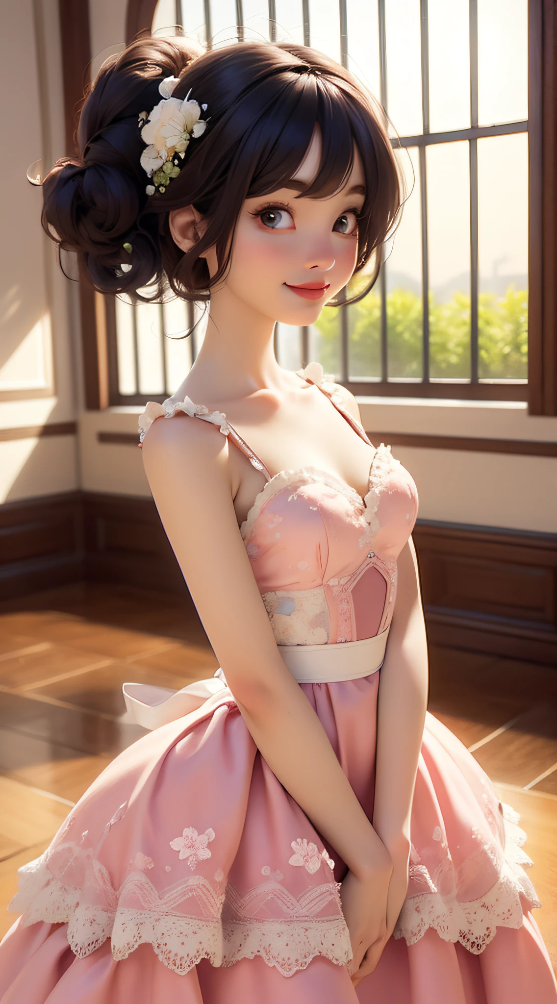 dynamic lighting, A Barbie princess wearing a lovely pink dress, bright, morning light, ((barbie interior design)), (cute:1.3), (pale skin:1.1), (soft smiling:1.1), detailed face, by ilya kuvshinov, nina masic, sharp focus, natural lighting, subsurface scattering, beautiful scene is brought to life, blending, cinematic lighting, retina, anatomically correct, textured skin, award winning