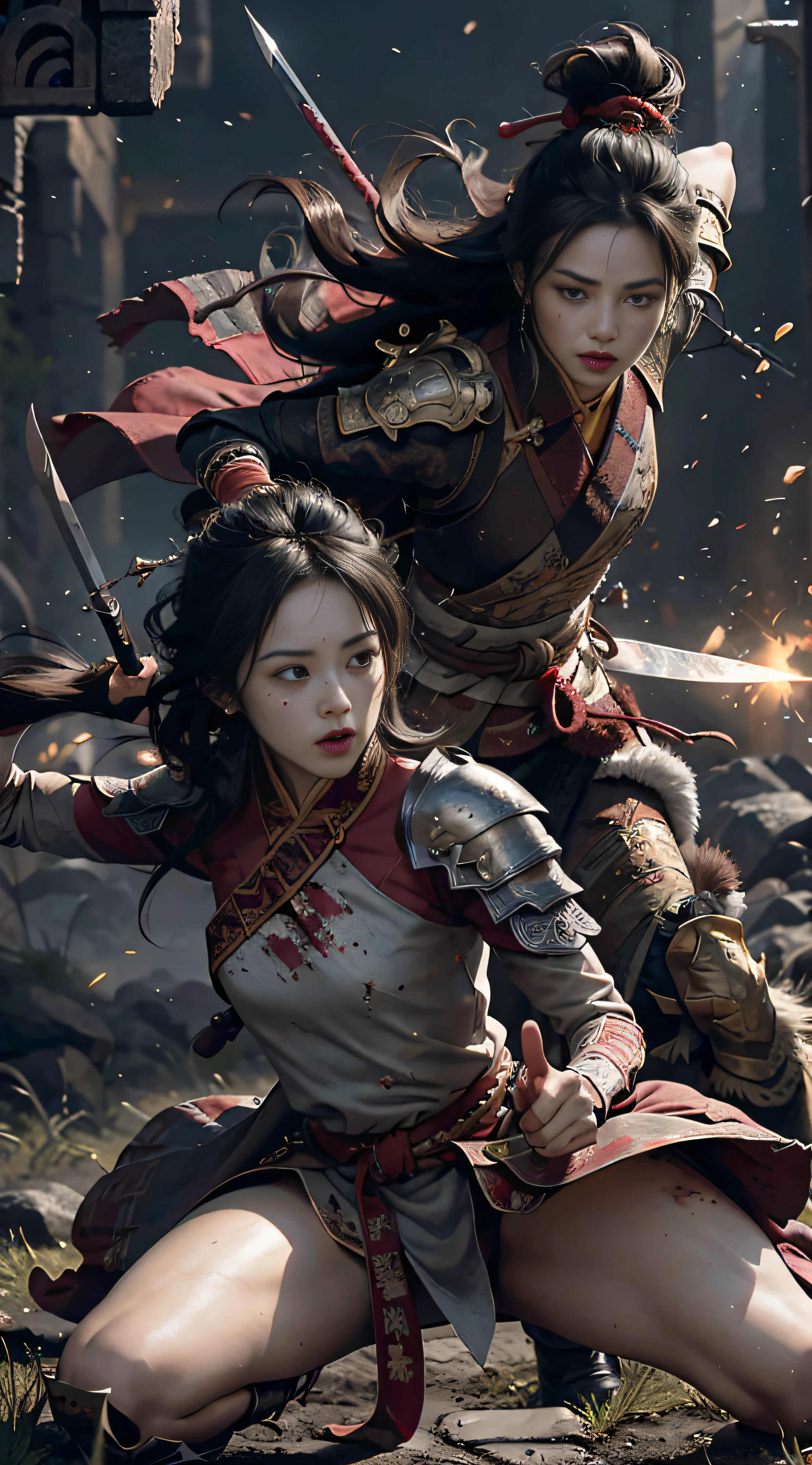 (Positive Focus), (In the Dark: 1), (Best Quality), (Realisticity: 1), Realistic skin texture, highly detailed, 8k wallpaper, volumetric lighting, dynamic lighting, a girl, black robe, red belt, a small amount of armor, shoulder armor, waist protection, hand guards, veiling, holding a short sword in front of you, ancient Chinese wind, escape action, running, escaping, being chased, short sword at the waist, half-squatting attack posture, blood stains, clothes are torn, ancient Chinese battlefield, a group of ancient soldiers chasing and killing, arrows flying, War, night, dramatic composition,