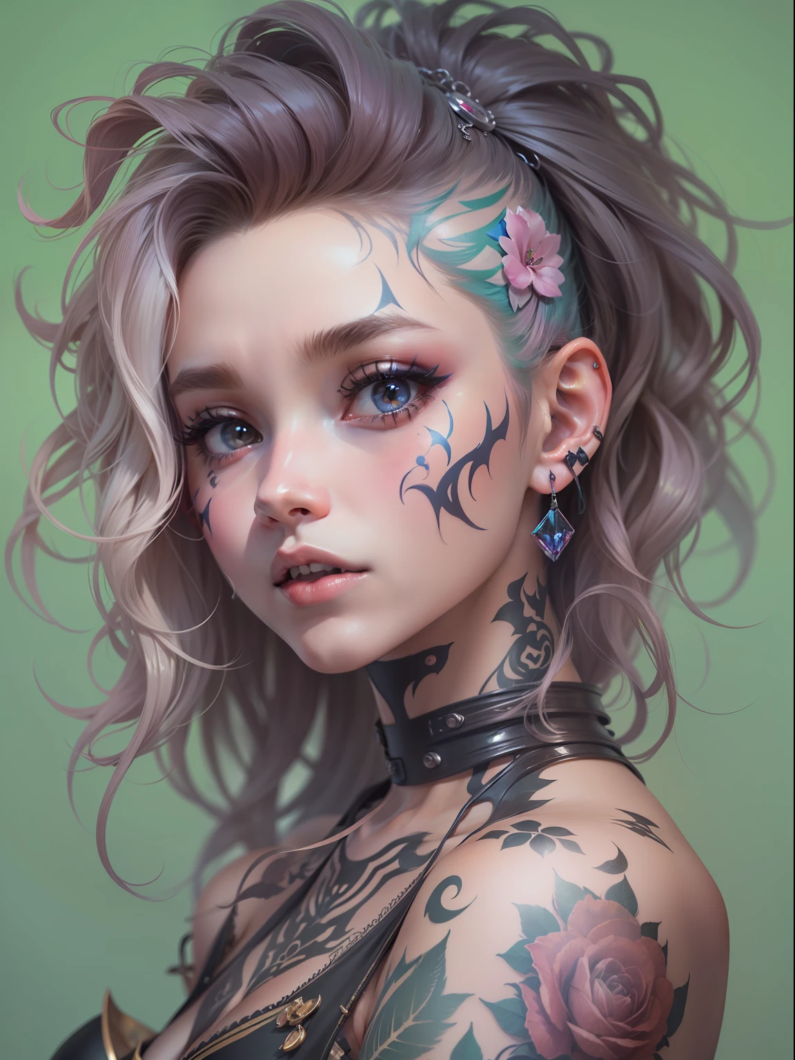 (((​masterpiece)))、(((top-quality)))、((ultra-definition))、(High Definition CG Illustration)、((extremely delicate and beautiful))、Cyber City、Cinematic Light、tattooed、Girl with shearing hairstyle、Unconventional、2080s、animesque、Devilish girl、facepaint、face tattoos、trending on artstationh、Rachel Walker