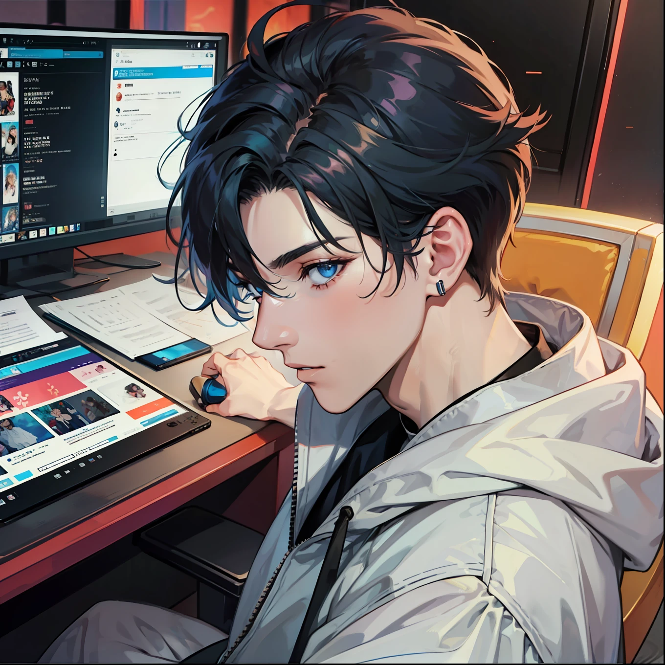 Anime boy calls to talk, ig studios anime style, nightcore, style of anime4 K, High quality anime art style, Anime boy, young anime man, Anime art style, Digital anime illustration, Anime style. 8K, in an anime style, male anime character, Kawasi，best qualtiy：1.0），（超高分辨率：1.0），Anime boys，with short black hair，blue color eyes，sitting in front of the computer，Speak into the microphone，The background is in the esports room，Earphone，The head is close to the microphone,8K