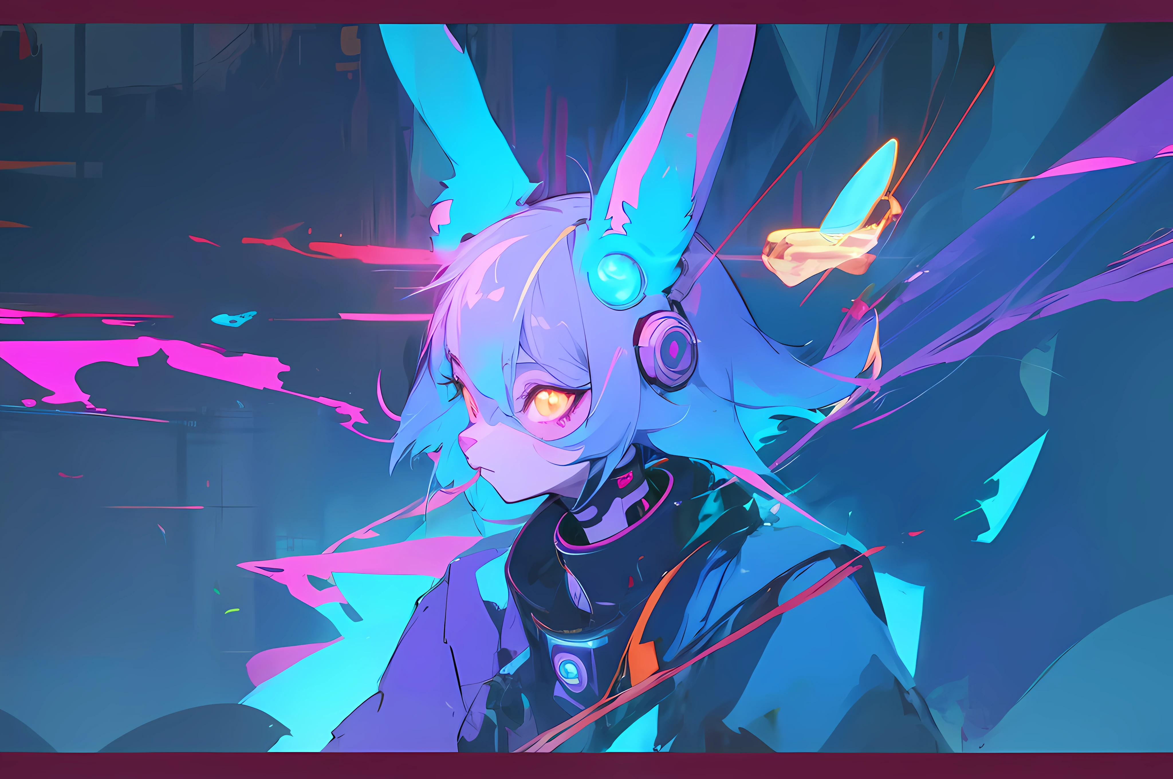 (vintage vhs), (crt screenshot), (Zen, Amy Sol style), (((blue anthro kemono furry rabbit))), underground cavern shining flashlight in old ruins, scene from a show about a blue anthro furry kemono rabbit who investigates deep space crime, (vast decrepit scenery:1.2) blame! style, nightmarish illustration, glowing eyes everywhere, intense eye contact, hybrid human / anthro, electrixbunny, rabbit anthro portrait, ((portrait)), bunnypunk, weirdcore voidpunk fursona, wearing bunny ears, cover art with light abstraction, abstract, simple vector art, contemporary Cybernetic art, color gradients, soft color palettes, layered forms, whimsical animation, style Ethereal abstract, 4K, , anime character with futuristic hair and glowing eyes in a dark room, digital cyberpunk anime art, anime style 4 k, digital cyberpunk - anime art, anime mecha aesthetic, digital cyberpunk anime!!, anime cyberpunk art, fully robotic!! catgirl, hyper concept art, cyberpunk anime girl mech, portrait anime space cadet girl, wearing cybernetic bunny ears --v6
