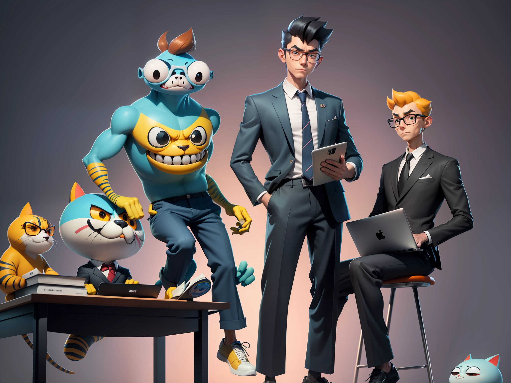 A young man in a suit and pants, Short hair and glasses sat at his desk,holding laptop,digitial painting,tigre,3D character design by Mark Clairen and Pixar and Hayao Miyazaki and Akira Toriyama,4K HD illustration,Very detailed facial features and cartoon-style visuals。