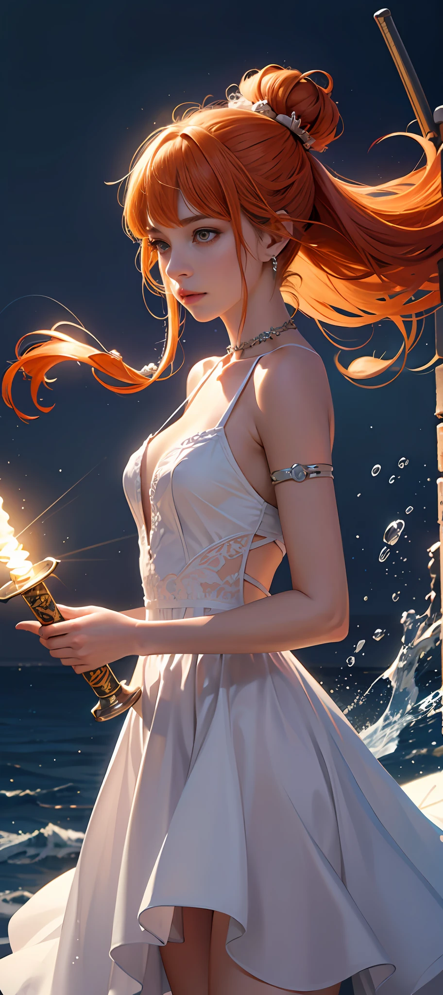 realisticity: 1.2), best quality, masterpiece, highres, cg, 1girl, weapon, sword, long hair, dress, water, solo, jewelry, white dress, earrings, hair ornament, splashing, upper body super realistis, hair bun, blue and orange hair, city backgraun realistis, lighting,candid, Photograph, high resolution, 4k, 8k, Bokeh,