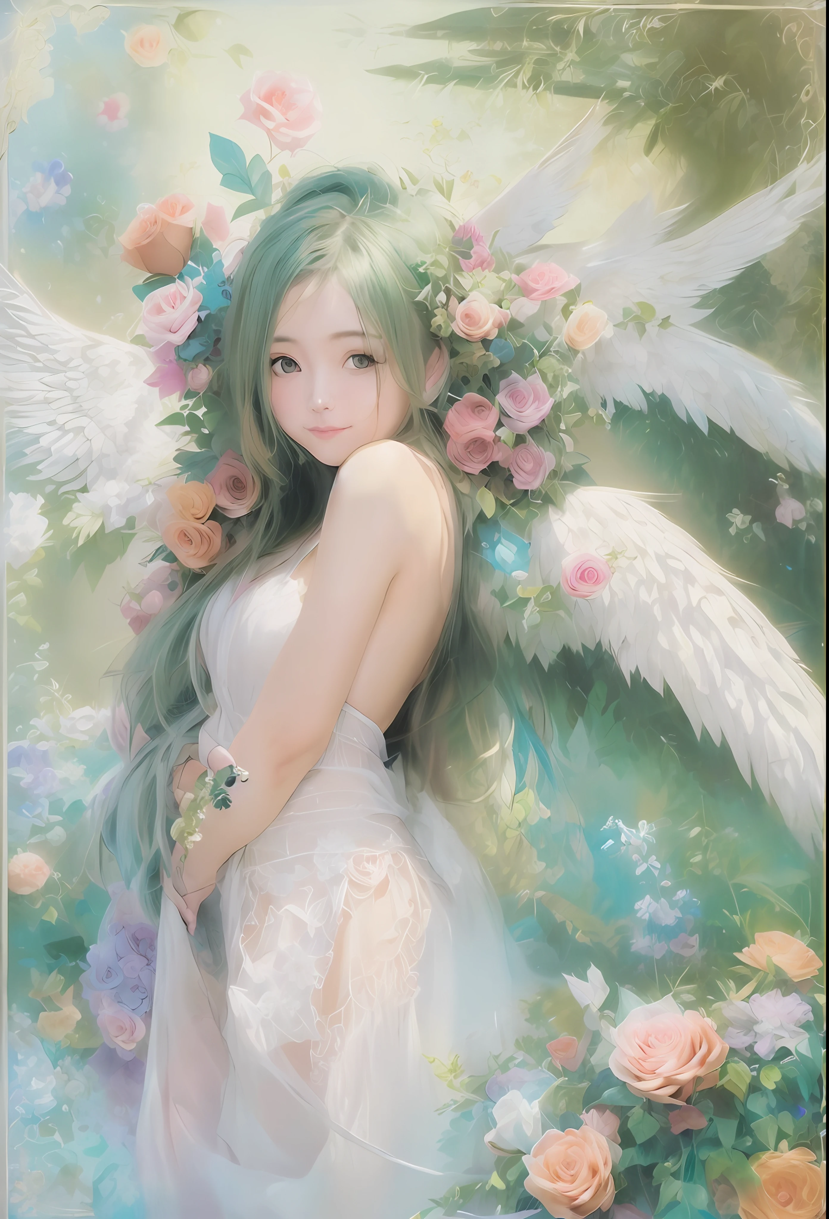 (Angel wings、😇、a smile、😌🥰Archaic Smile).hyper realstic、Ultra-realistic、Depiction of the human body without distortion、Monna Lisa、Woman in the Arms、Near and far law、Three-dimensional、Contemporary painting、moderno、world masterpiece、collection、Homage to the art or artist work of Picasso and Renoir, Not sentimental、Excellent portrayal、Gentle expression、More detailed character faces, Serious competition、Compositions like paintings、(Konmutsuki_Gacha_Series 1, punk_rosette), Realistic、Delicate brushwork、aqua color flowers, (Full body, elegant flowers background)