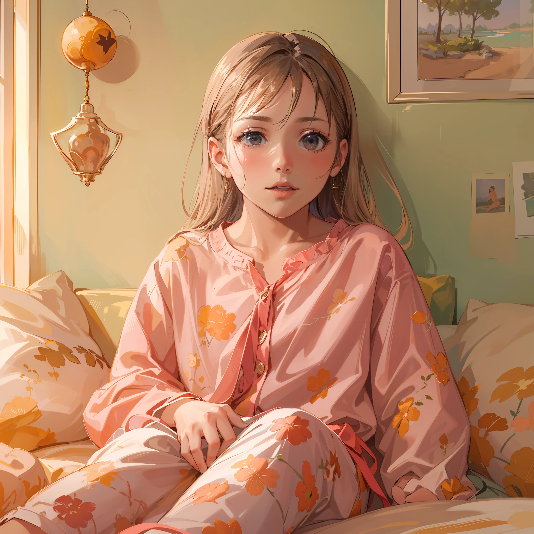 very cute female ,10 yoh-colored pajamas, Barefoot,Sweat:1.1, Summer,day,flat chest, Pink Room,4K, (Raw photo: 1.2), (Realism: 1.4), (masutepiece: 1.3), (exquisite detailing: 1.2), Delicate and beautiful details, (Eye Detail), (Facial Detailed), (Highest Quality) :1.4), (Hyper-Resolution: 1.2),(very detailed illustration), Best Quality,depth of fields, Wide light, natural shadows