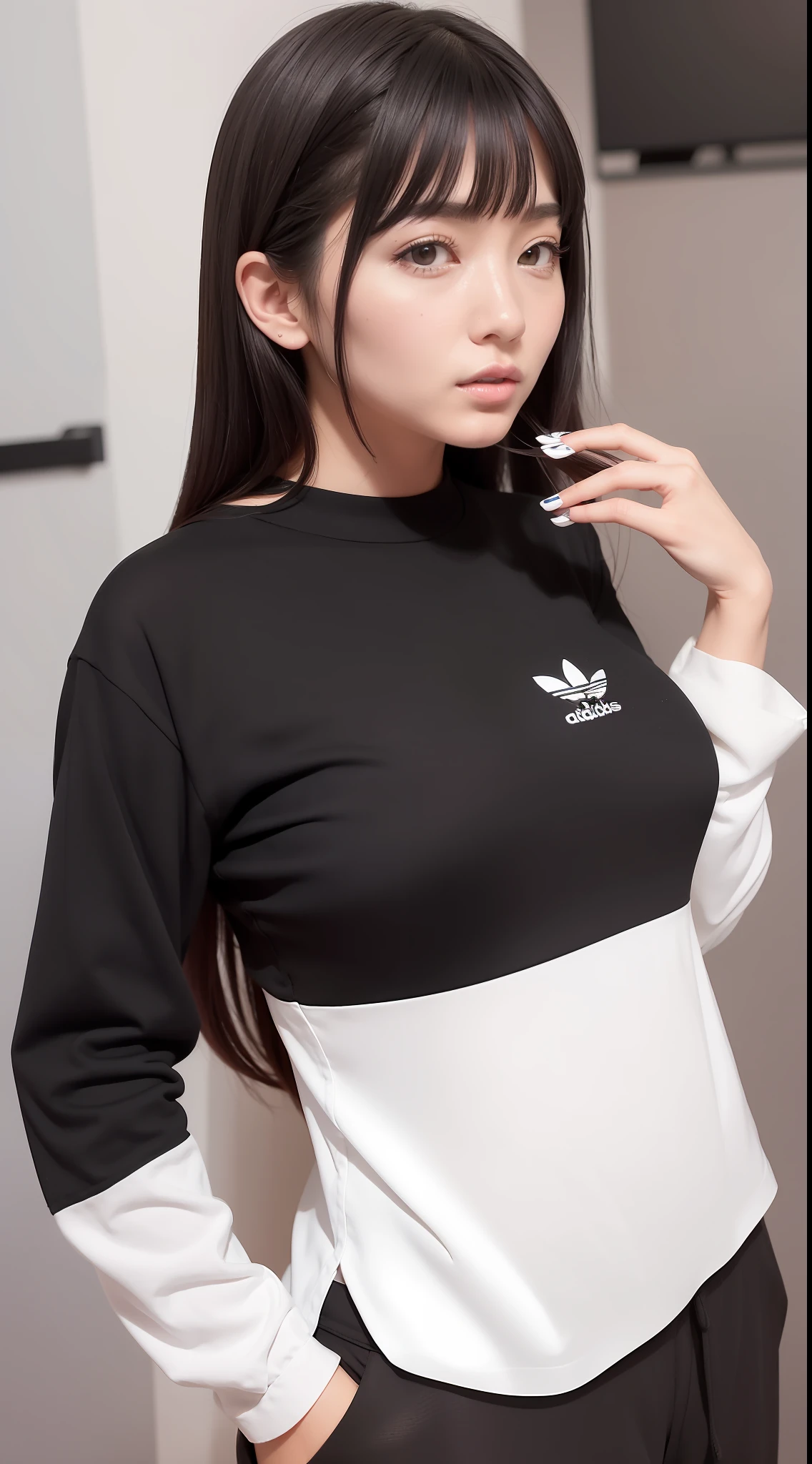 a woman in a white shirt and long black pants, playing video games, simple style, wearing elegant casual clothes, dim red, simple clothes, milk and red style, casual clothing style, modern fashion clothing, wearing fisherman's clothing, modern casual clothing, inspiration , white shirt, black pants, neutral tones, black and white color scheme, business casual attire, scary face, adidas, 30 years old, big boobs mature face, medium hair, ((black hair))