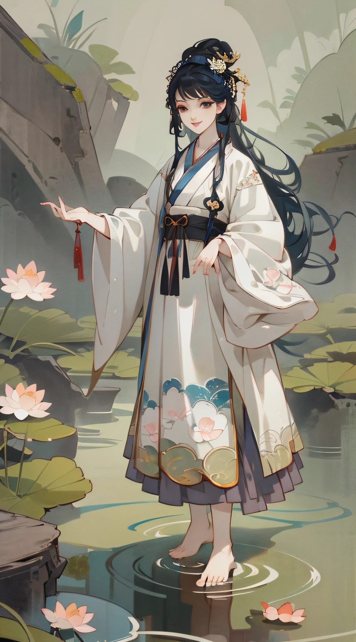 ((4k,masterpiece,best quality)), shuimobysim, traditional chinese ink painting, lotus, hanfu, maxiskit, dress conservatively 1girl, solo, long blue hair, smile, standing, feet in the water, barefoot,