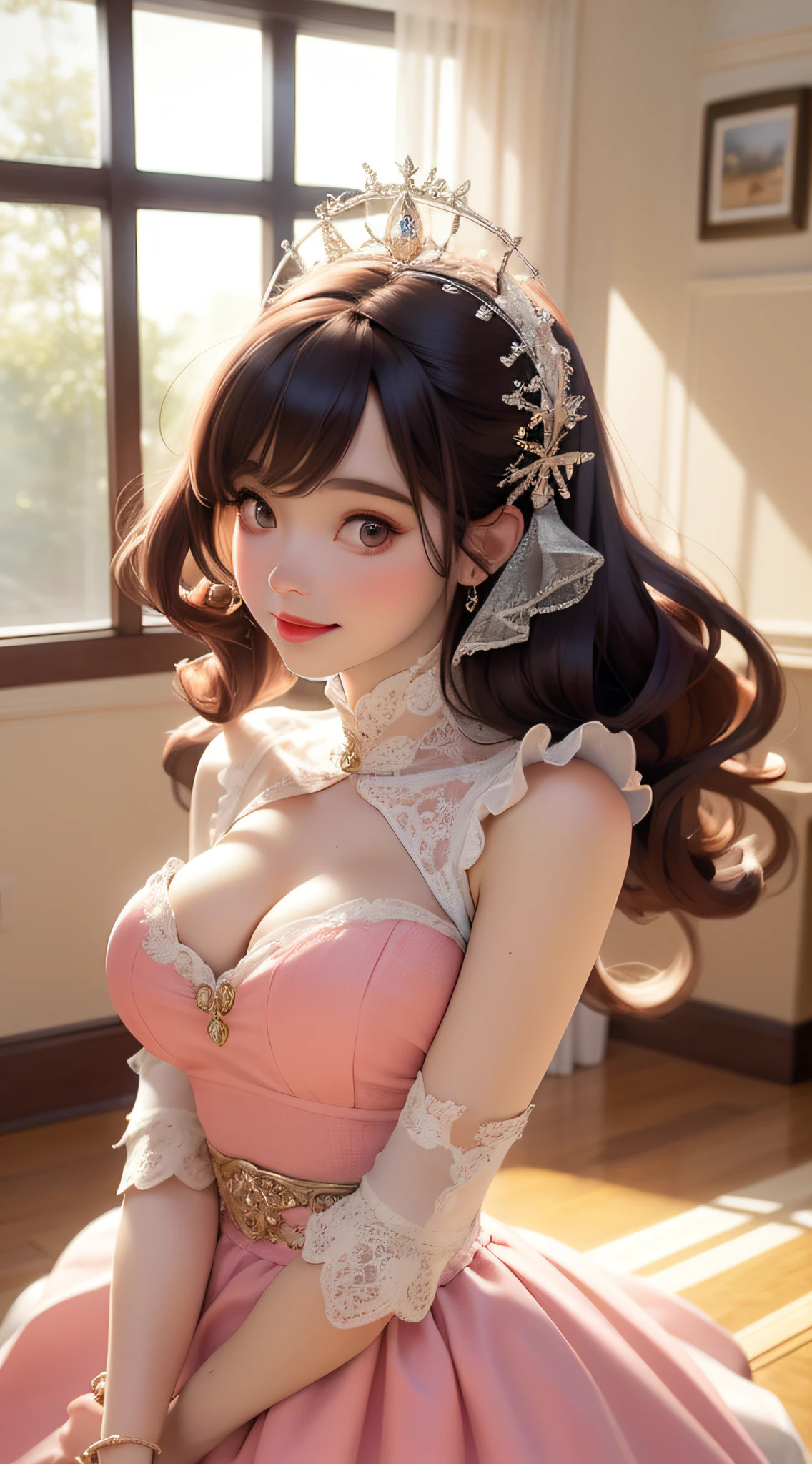 dynamic lighting, A Barbie princess wearing a lovely pink dress, bright, morning light, ((barbie interior design)), (cute:1.3), (pale skin:1.1), (soft smiling:1.1), detailed face, by ilya kuvshinov, nina masic, sharp focus, natural lighting, subsurface scattering, beautiful scene is brought to life, blending, cinematic lighting, retina, anatomically correct, textured skin, award winning