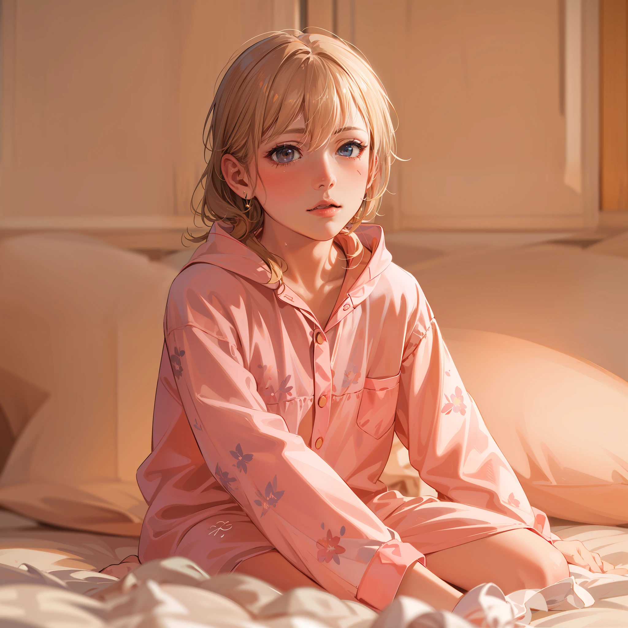 very cute female child,10 yo,Peach-colored pajamas, Barefoot,Sweat:1.1, Summer,day,flat chest, Pink Room,4K, (Raw photo: 1.2), (Realism: 1.4), (masutepiece: 1.3), (exquisite detailing: 1.2), Delicate and beautiful details, (Eye Detail), (Facial Detailed), (Highest Quality) :1.4), (Hyper-Resolution: 1.2),(very detailed illustration), Best Quality,depth of fields, Wide light, natural shadows