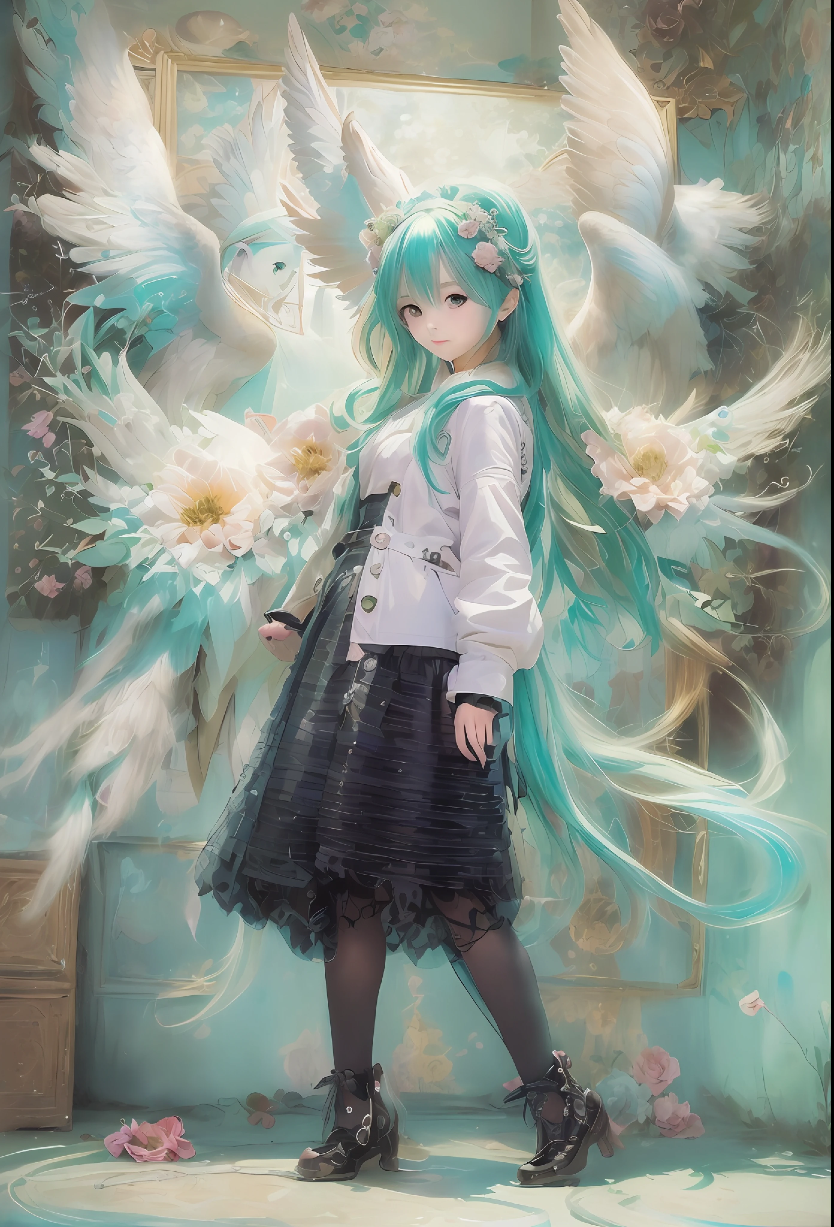 (Angel wings、😇、a smile、😌🥰Archaic Smile).hyper realstic、Ultra-realistic、Depiction of the human body without distortion、Monna Lisa、Woman in the Arms、Near and far law、Three-dimensional、Contemporary painting、moderno、world masterpiece、collection、Homage to the art or artist work of Picasso and Renoir, Not sentimental、Excellent portrayal、Gentle expression、More detailed character faces, Serious competition、Compositions like paintings、(Konmutsuki_Gacha_Series 1, punk_rosette), Realistic、Delicate brushwork、aqua color flowers, (Full body, elegant flowers background)