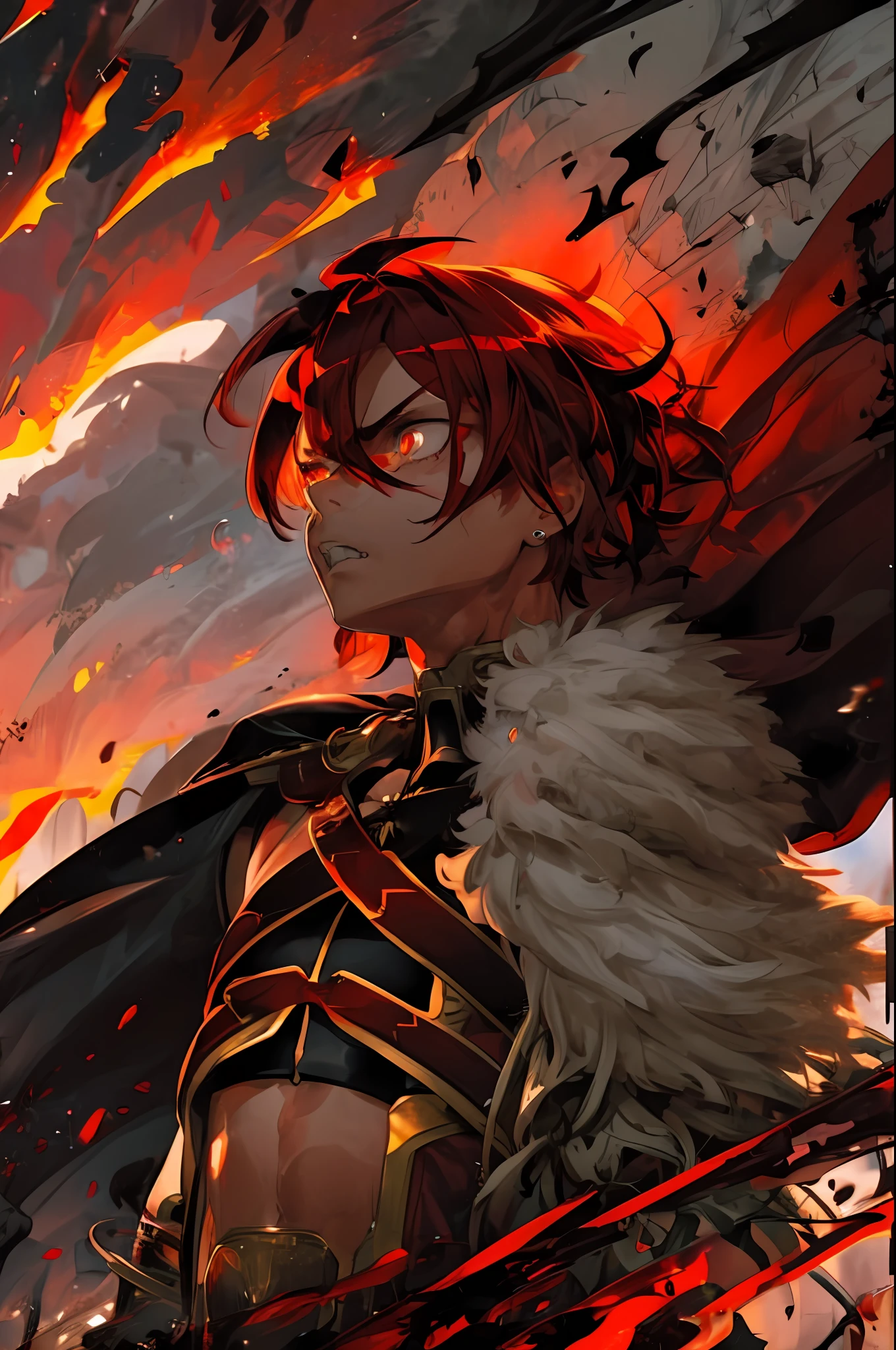 alexanderfgo, 1boy, fur-trimmed cape, crop top, face, mad, angry, looking away, squinting, battlefield, red sky, fire, black smoke, constricted pupils, small pupils, teeth