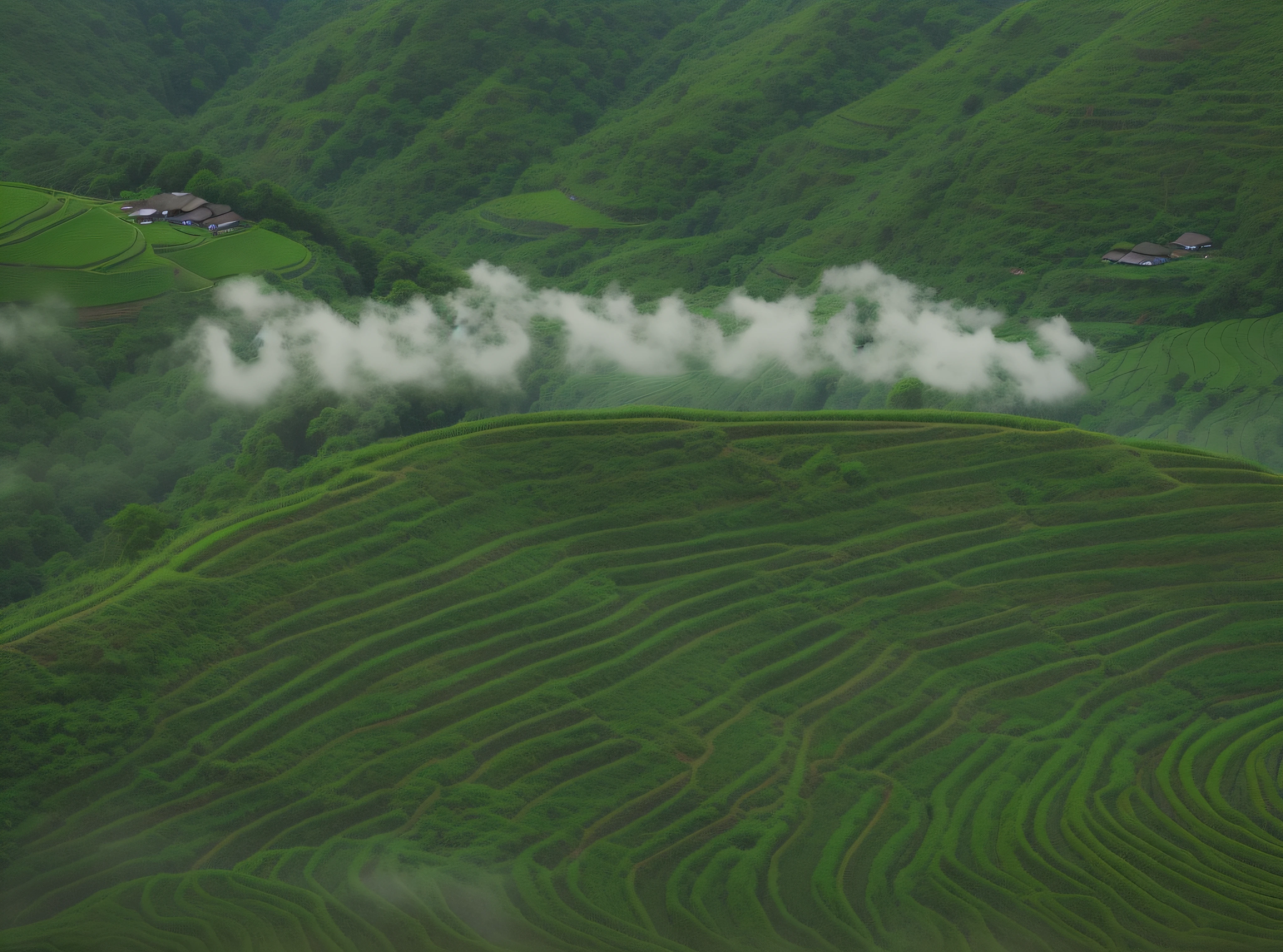 mountain scene blanketed ethereal mist,landscape photograph,lush greenery , valleys,rice terraces
