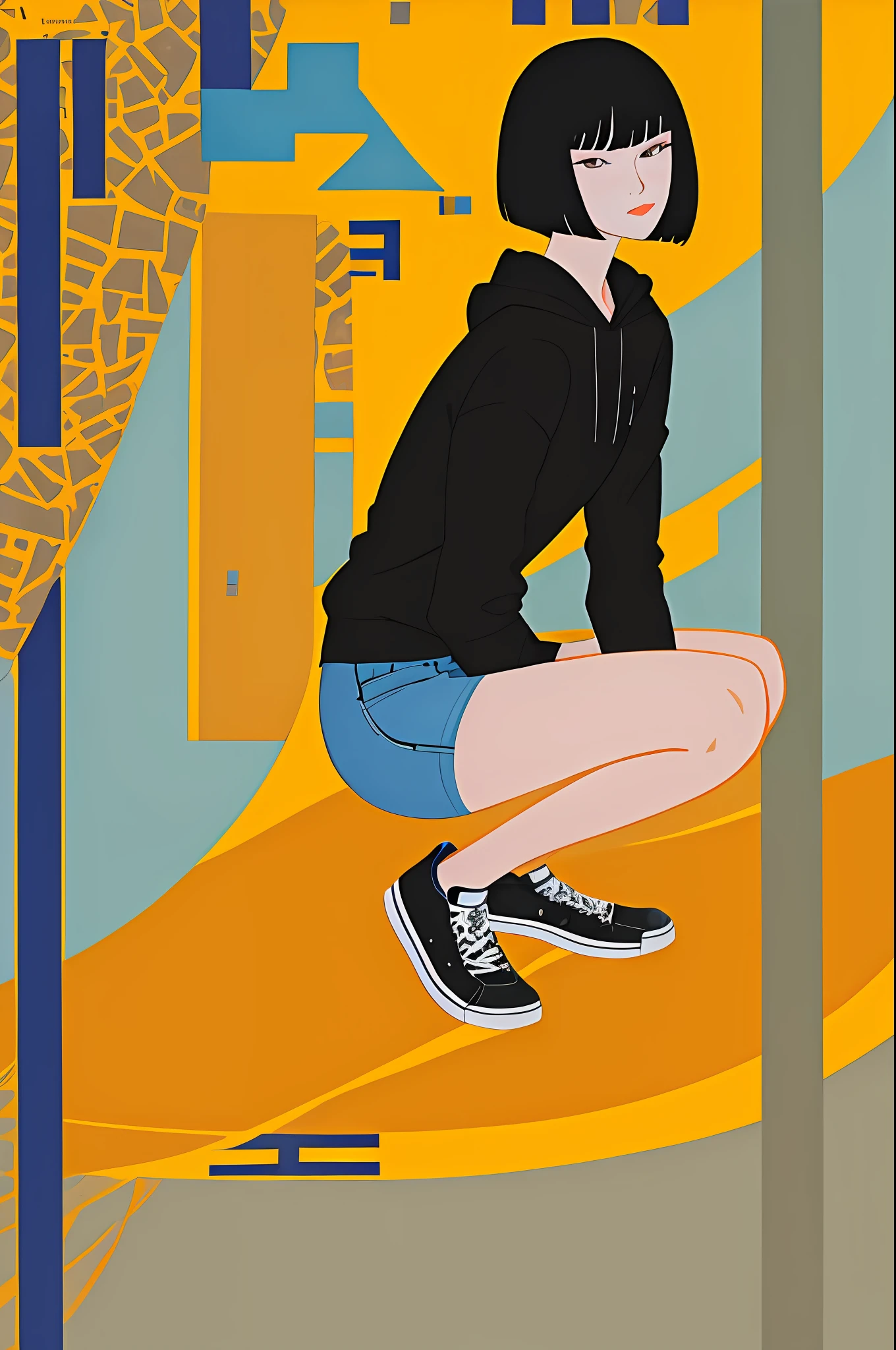 1girl in, Vector art, flat-colors, pop-art, Pattern, city scenery, Hoodie, Shorts, sneakers, bob cuts, Full body, Pose, Squatting, lofi color, (Hiperov), (masutepiece,Best Quality:1.5)