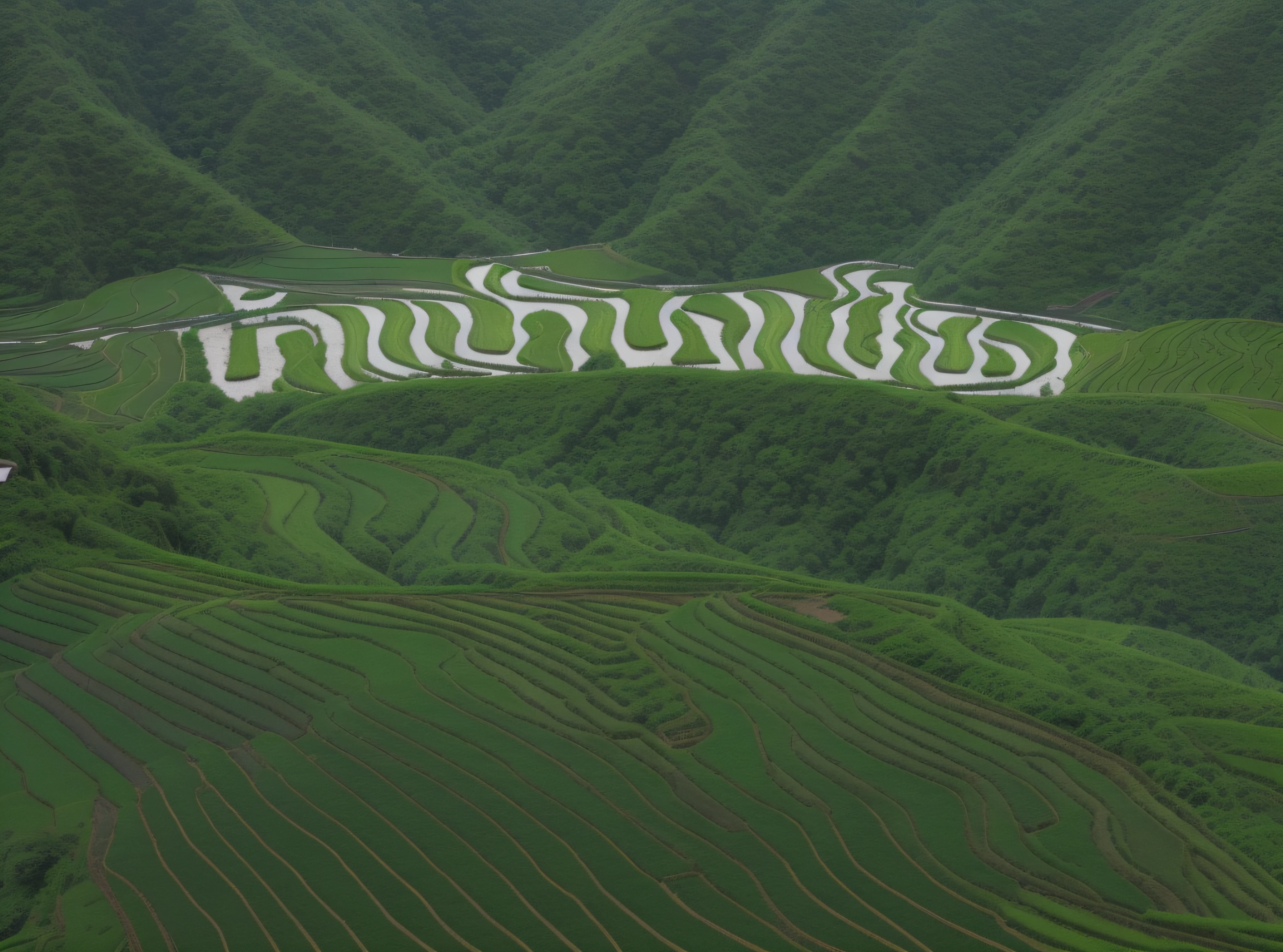 mountain scene blanketed ethereal mist,landscape photograph,lush greenery , valleys,rice terraces