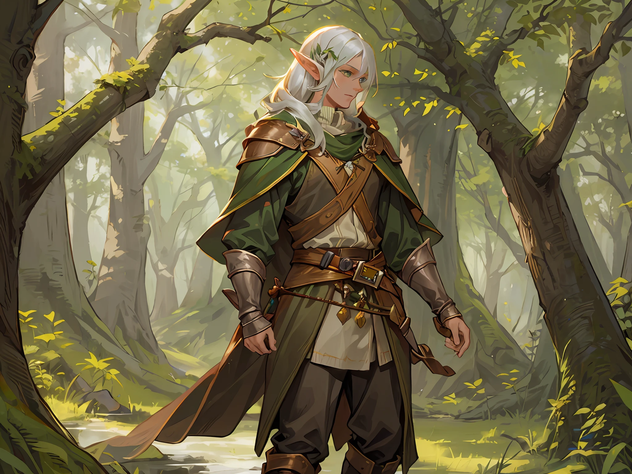 there is a man in a green and brown outfit walking through a forest, portrait of a forest mage, male elf ranger, a portrait of a male elf, a male elf, beautiful male elf, elven male, male blonde elf ranger, of an elden ring elf, male wood elf rogue, portrait of a young elf wizard, astri lohne