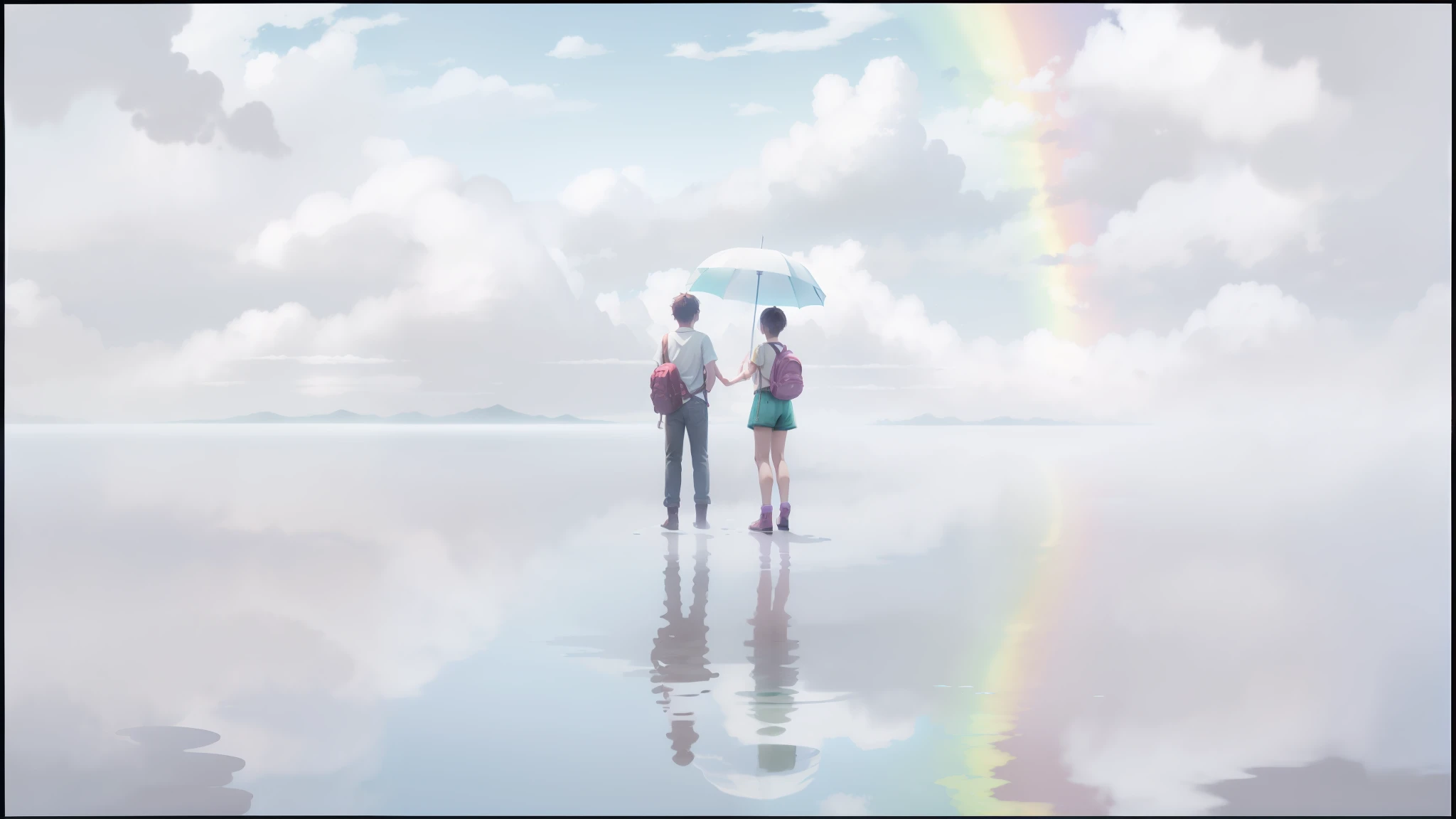 Boy and girl, rainbow, cloud, refleksi