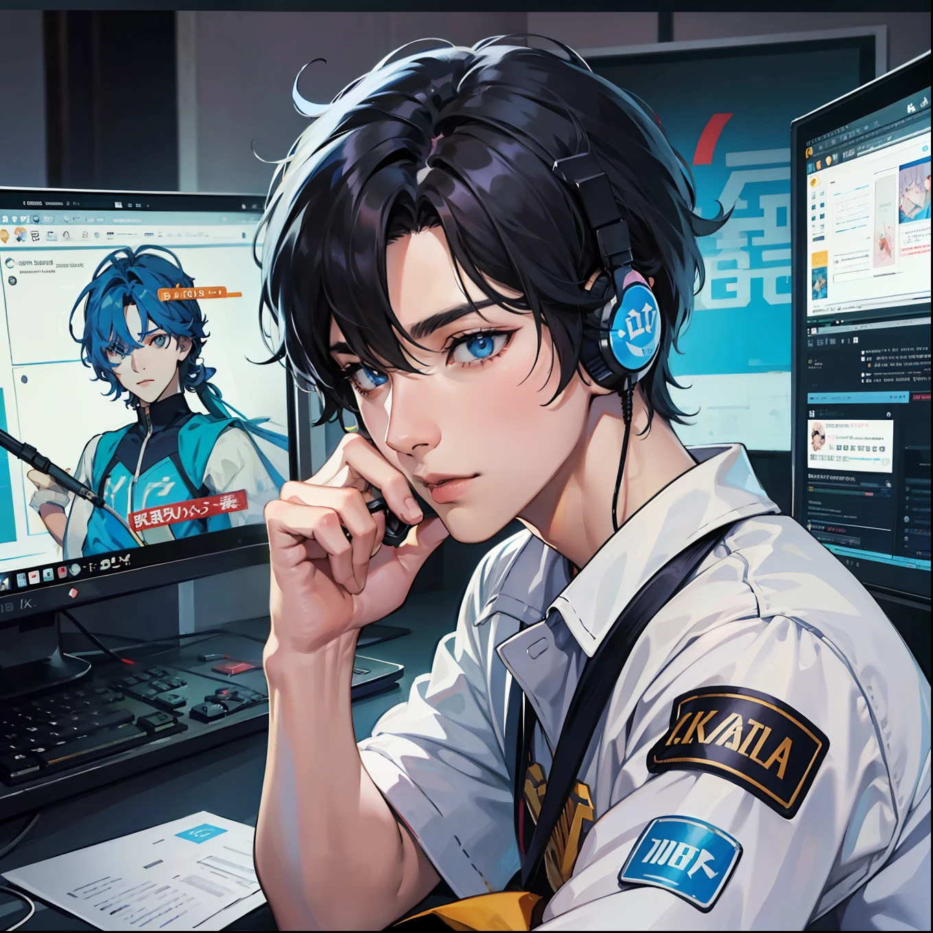 Anime boy calls to talk, ig studios anime style, nightcore, style of anime4 K, High quality anime art style, Anime boy, young anime man, Anime art style, Digital anime illustration, Anime style. 8K, in an anime style, male anime character, Kawasi,best qualtiy:1.0),(超高分辨率:1.0),Anime boys,with short black hair,blue color eyes,sitting in front of the computer,Speak into the microphone,The background is in the esports room,Earphone,The head is close to the microphone,8K