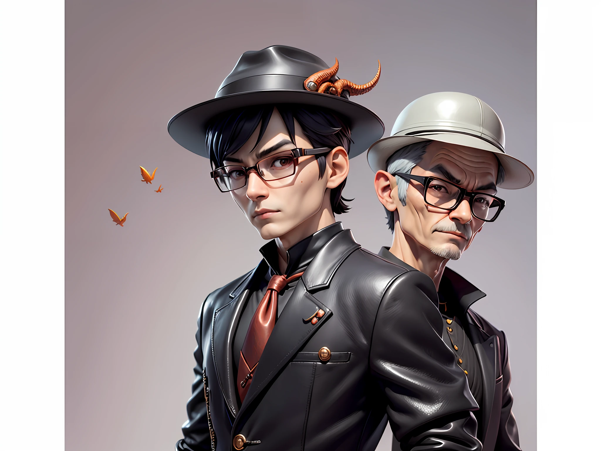 Young man with oriental face in leather hat, dragon, formal suit, short black hair, silver glasses, digital painting, 3D character design by Mark Clairedon and Pixar and Hayao Miyazaki and Akira Toriyama, the illustration is a high-definition illustration in 4K resolution with very detailed facial features and cartoon-style visuals.