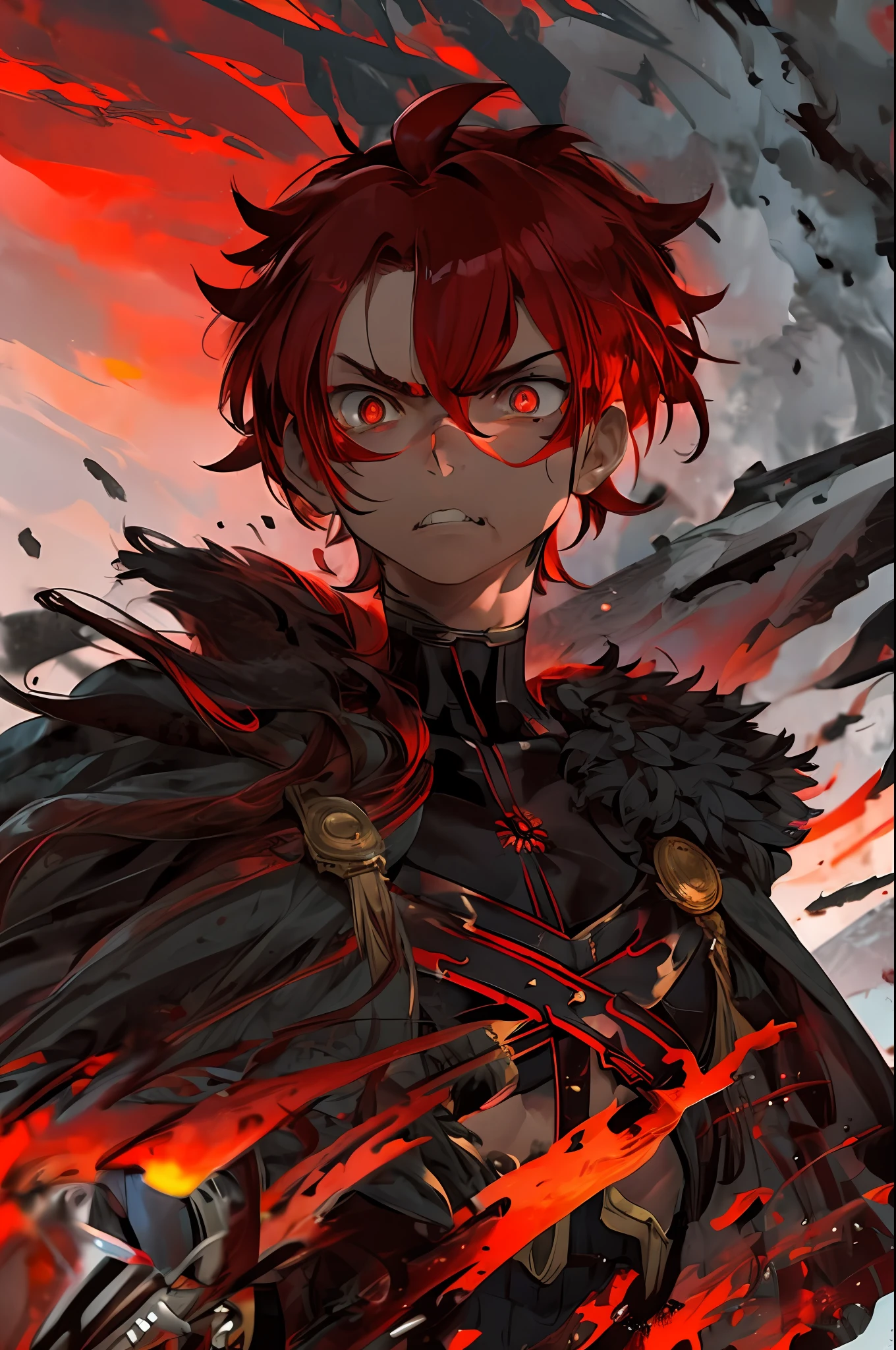 alexanderfgo, 1boy, fur-trimmed cape, crop top, face, mad, angry, looking away, squinting, battlefield, red sky, fire, black smoke, constricted pupils, small pupils, teeth