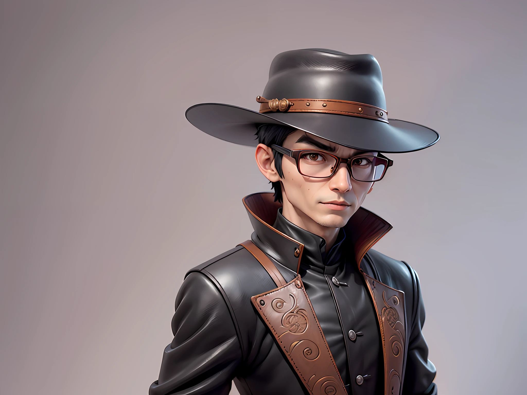 Young man with oriental face in leather hat, dragon, formal suit, short black hair, silver glasses, digital painting, 3D character design by Mark Clairedon and Pixar and Hayao Miyazaki and Akira Toriyama, the illustration is a high-definition illustration in 4K resolution with very detailed facial features and cartoon-style visuals.