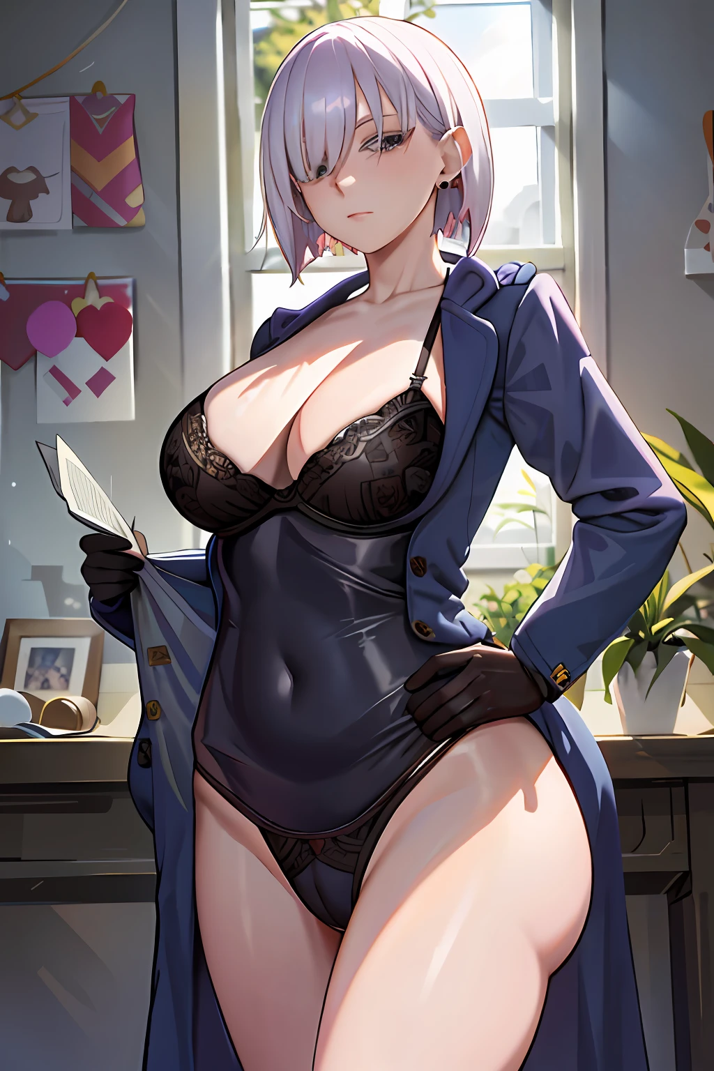 Masterpiece, Best quality, A high resolution, fiona1, Spy x family, Hair_polypubic hair_One_eye, Solo, brown gauntlets, Blue coat, macarons, jewelry, earring, Large breasts, Expressionless, Cowboy shot,  Open coat, Bra, penties, thongs, Indoors,standing,The condom is in the chest