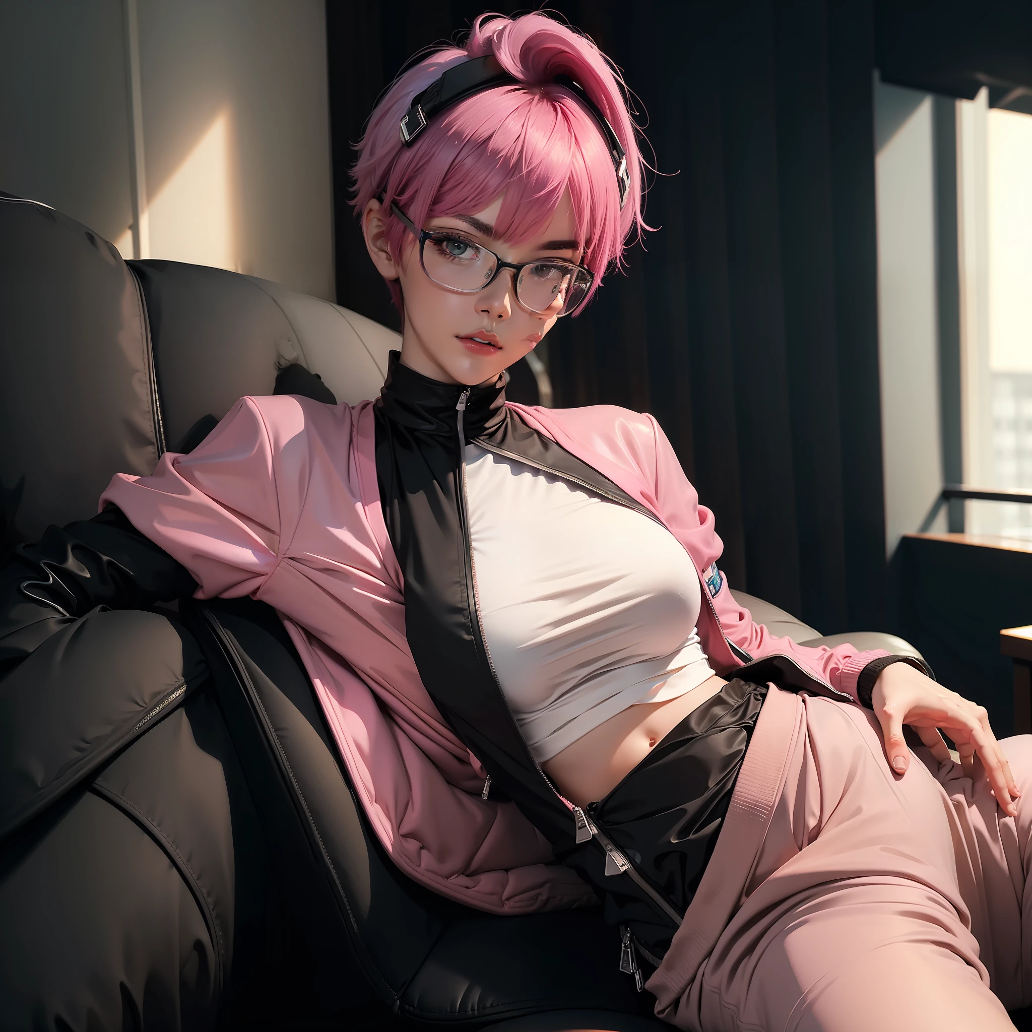 ((masterpiece, best quality)),illustration,ultra detailed 8k,photorealistic,sharp focus,highly detailed,professional,girl, white glasses,short hair, black and pink hair, black shirt with pink jacket, black trousers, sexy body, futuristic room