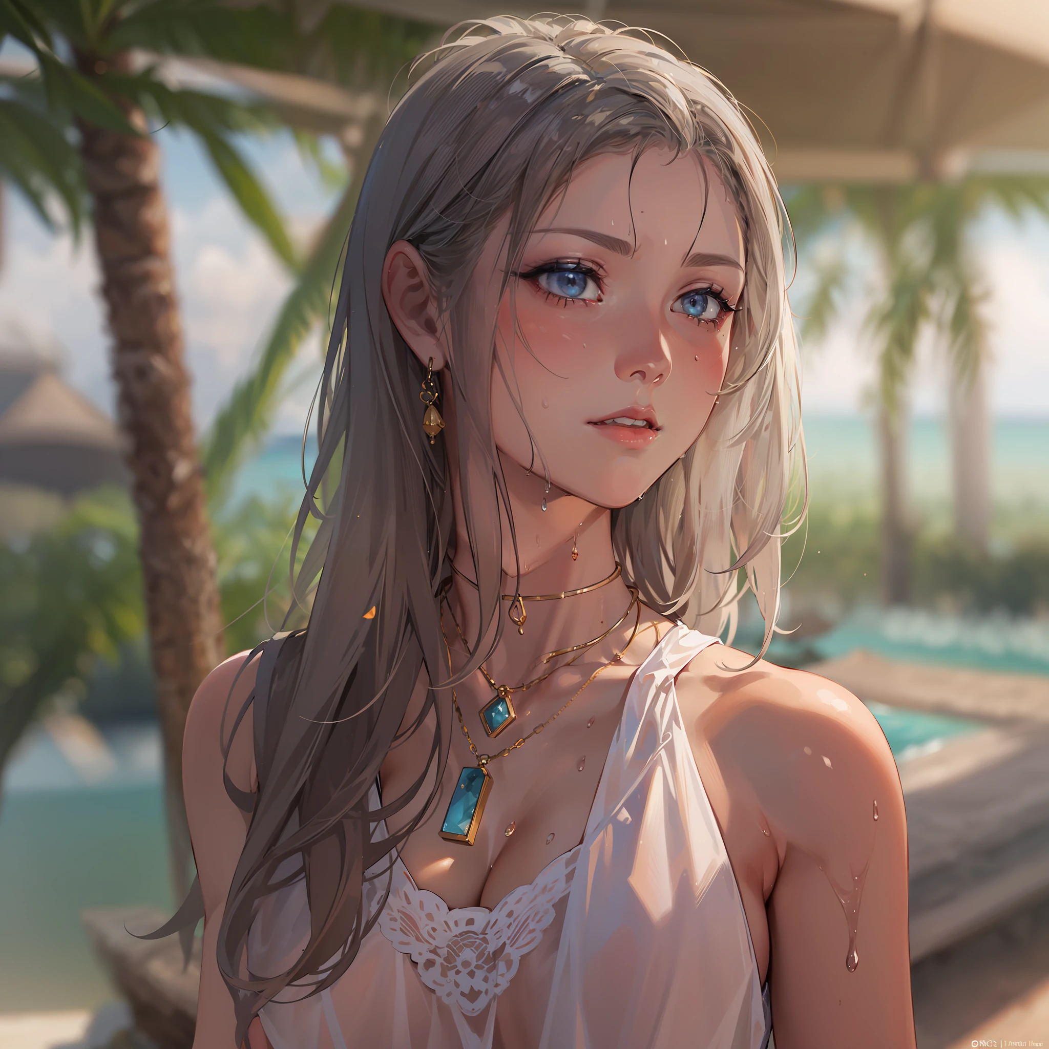 garments:Wet and translucent dress:1.1,and strappy sandals、 accessory:shell necklace、 The hair:Wet ponytail:1.1、 make - up:natural, Glowing skin、Wearing sweat, BEReaction:relax、Free-spirited、 The location:the beach、Resort、outdoor festival、big breaks,4K, (Raw photo: 1.2), (Realism: 1.4), (masutepiece: 1.3), (exquisite detailing: 1.2), Delicate and beautiful details, (Eye Detail), (Facial Detailed), (Highest Quality) :1.4), (Hyper-Resolution: 1.2), cinematric light, (very detailed illustration), (Best Quality, Super Resolution, depth of fields, Wide light, natural shadows