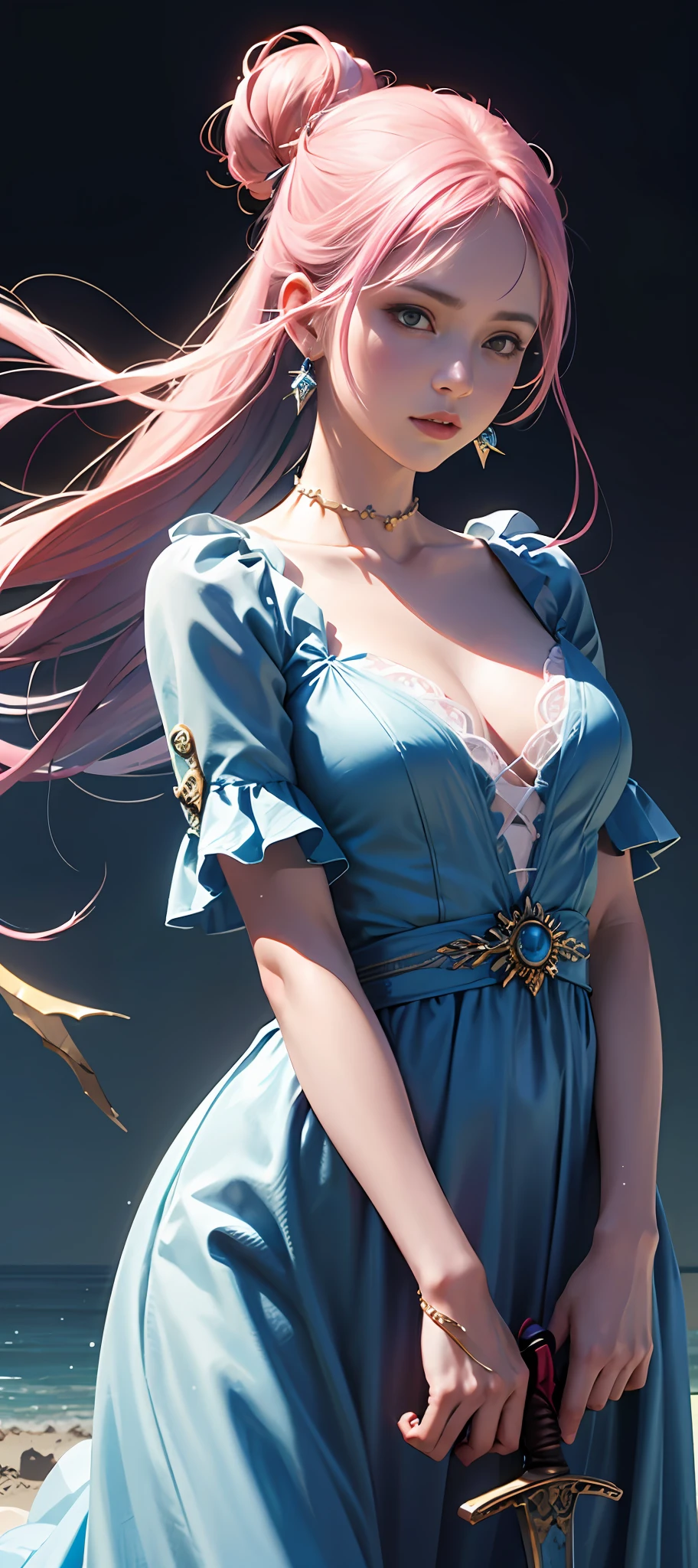 realisticity: 1.2), best quality, masterpiece, highres, cg, 1girl, weapon, sword, long hair, dress, water, solo, jewelry, blue dress, earrings, hair ornament, splashing, upper body super realistis, hair bun, blue and pink hair, city backgraun realistis, lighting,candid, Photograph, high resolution, 4k, 8k, Bokeh,