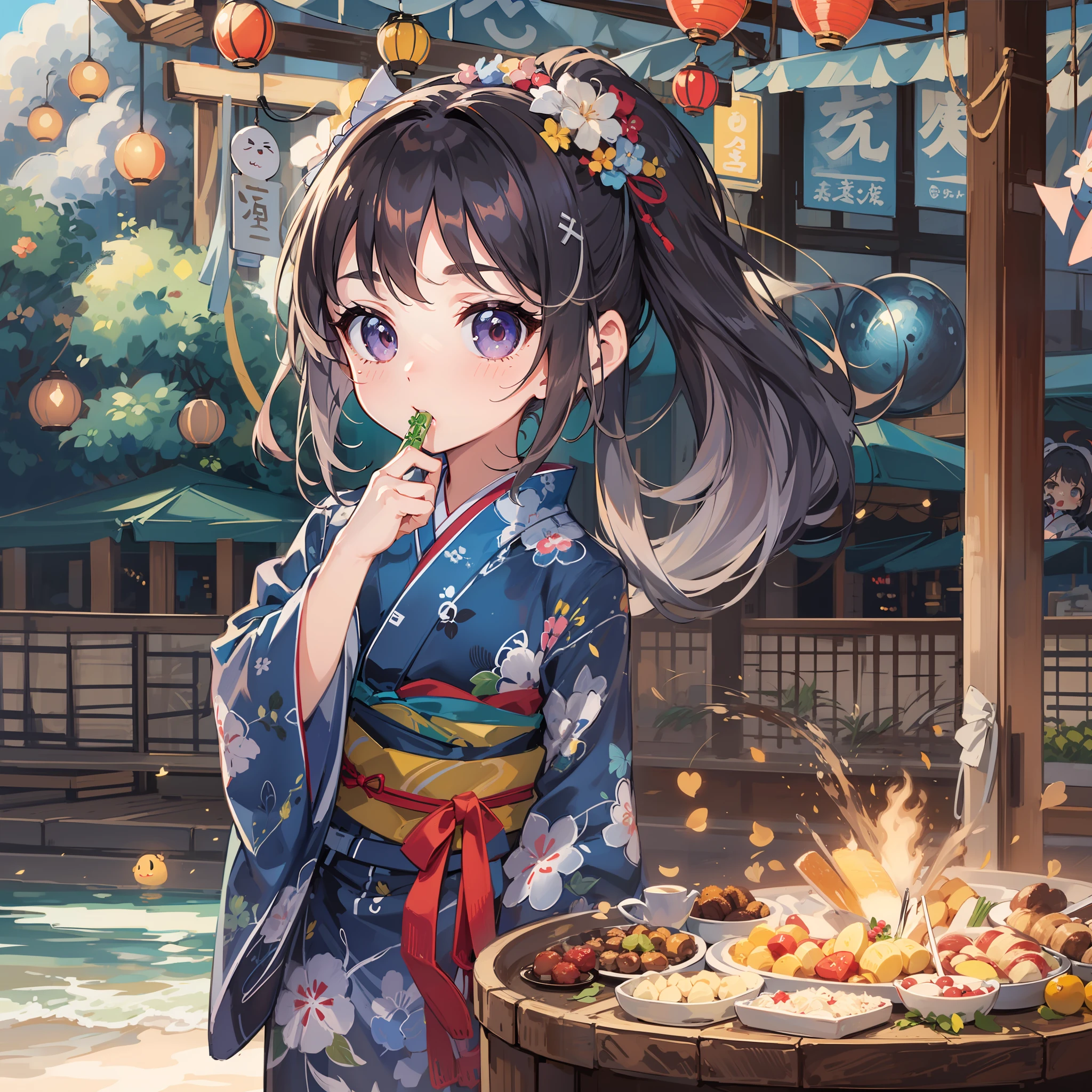 chibi:1.5,Komono,Girl in Yukata,Blowing in the wind,Summer Festivals,natta,food stand,Spirit Stream,Big Fireworks,poneyTail,(masutepiece: 1.3), (exquisite detailing: 1.2), Delicate and beautiful details, (Eye Detail), (Facial Detailed), (Highest Quality) :1.4), (Hyper-Resolution: 1.2), (very detailed illustration),Best Quality,depth of fields, Wide light, natural shadows